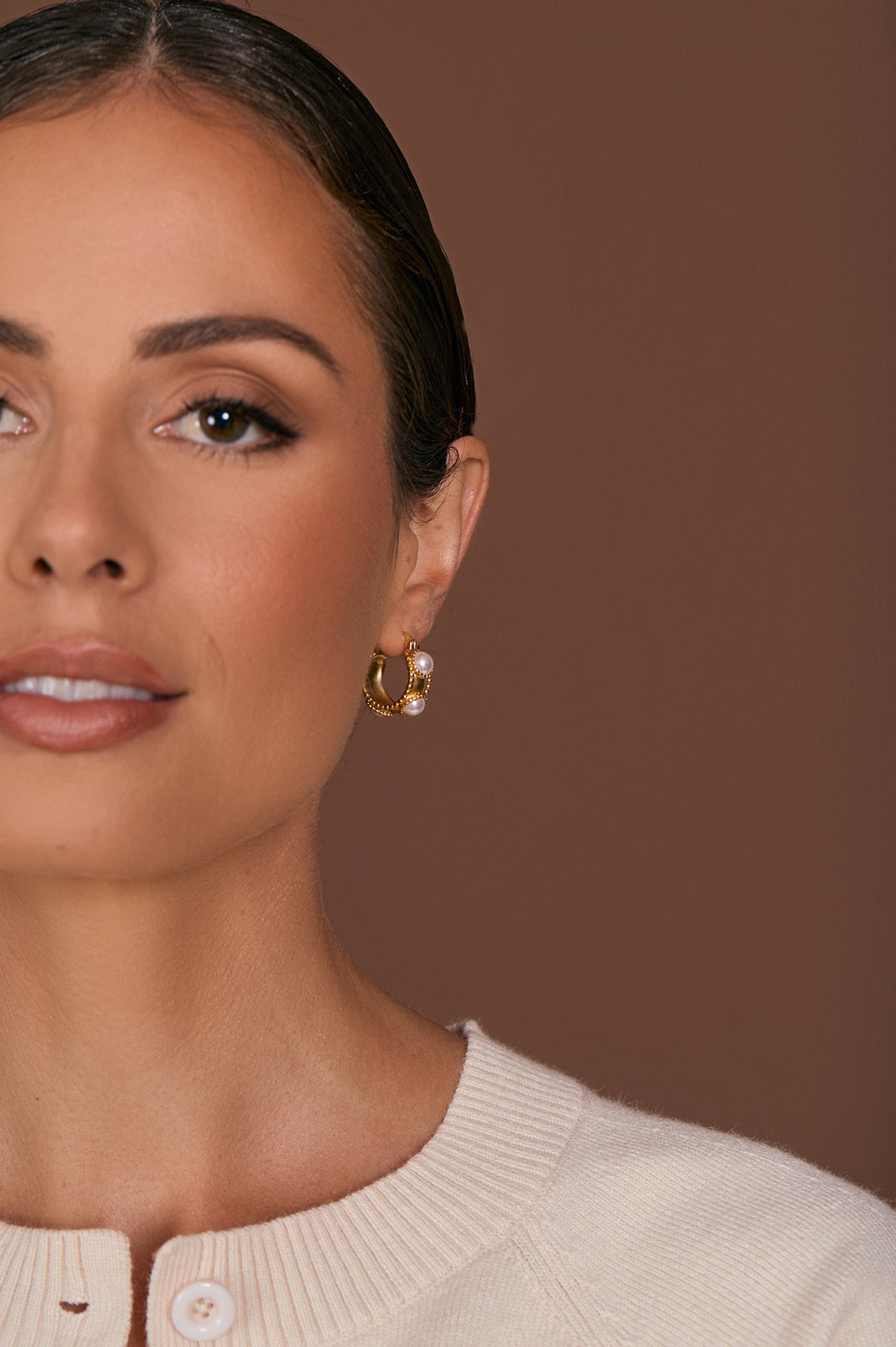 Adorne Faux Pearl Mini Hoops 4190 - Gold/ Cream