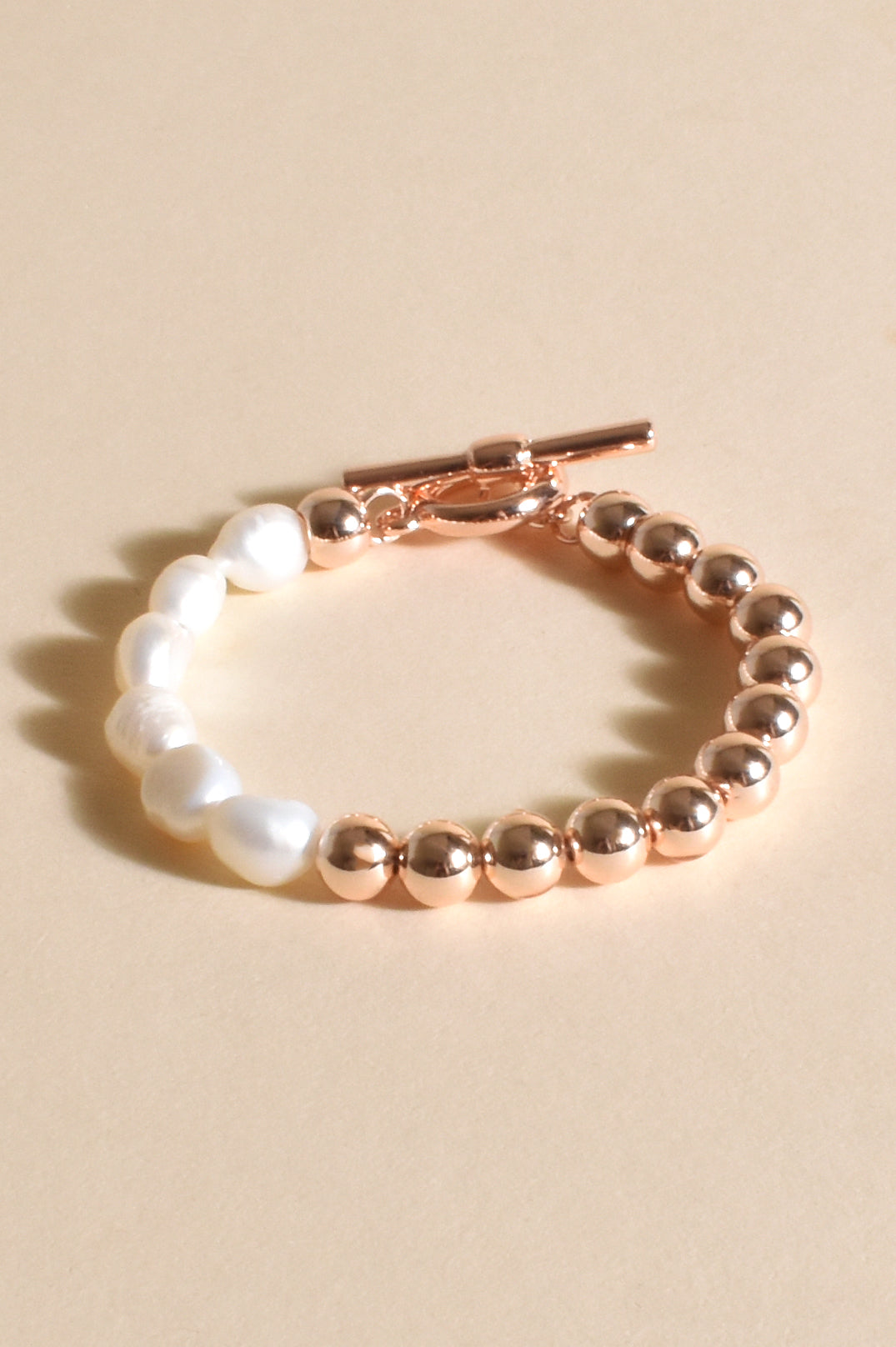Adorne Half Pearl Metal ball Toggle Bracelet - Gold