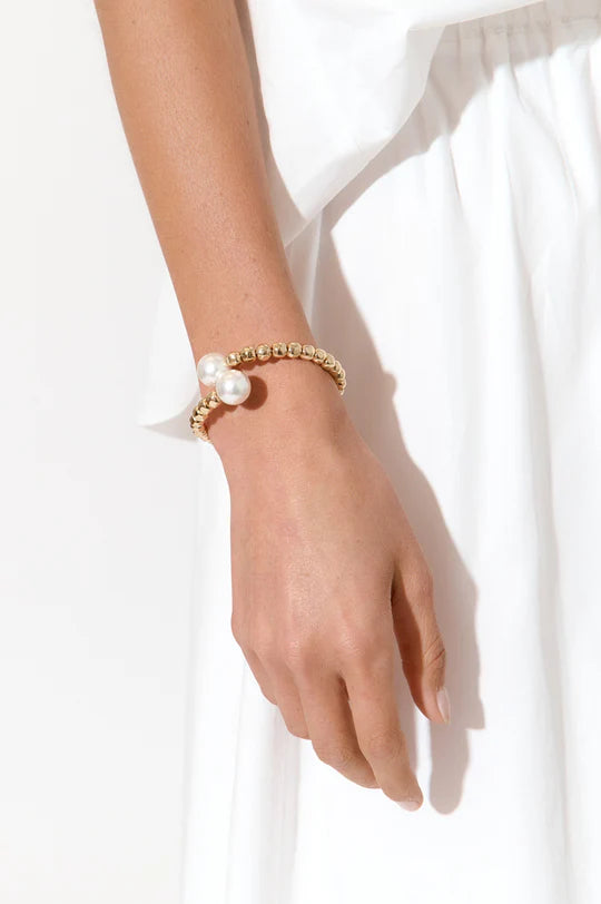 Adorne Shell Pearl Metal Bead Wrap Cuff - Cream/ Gold