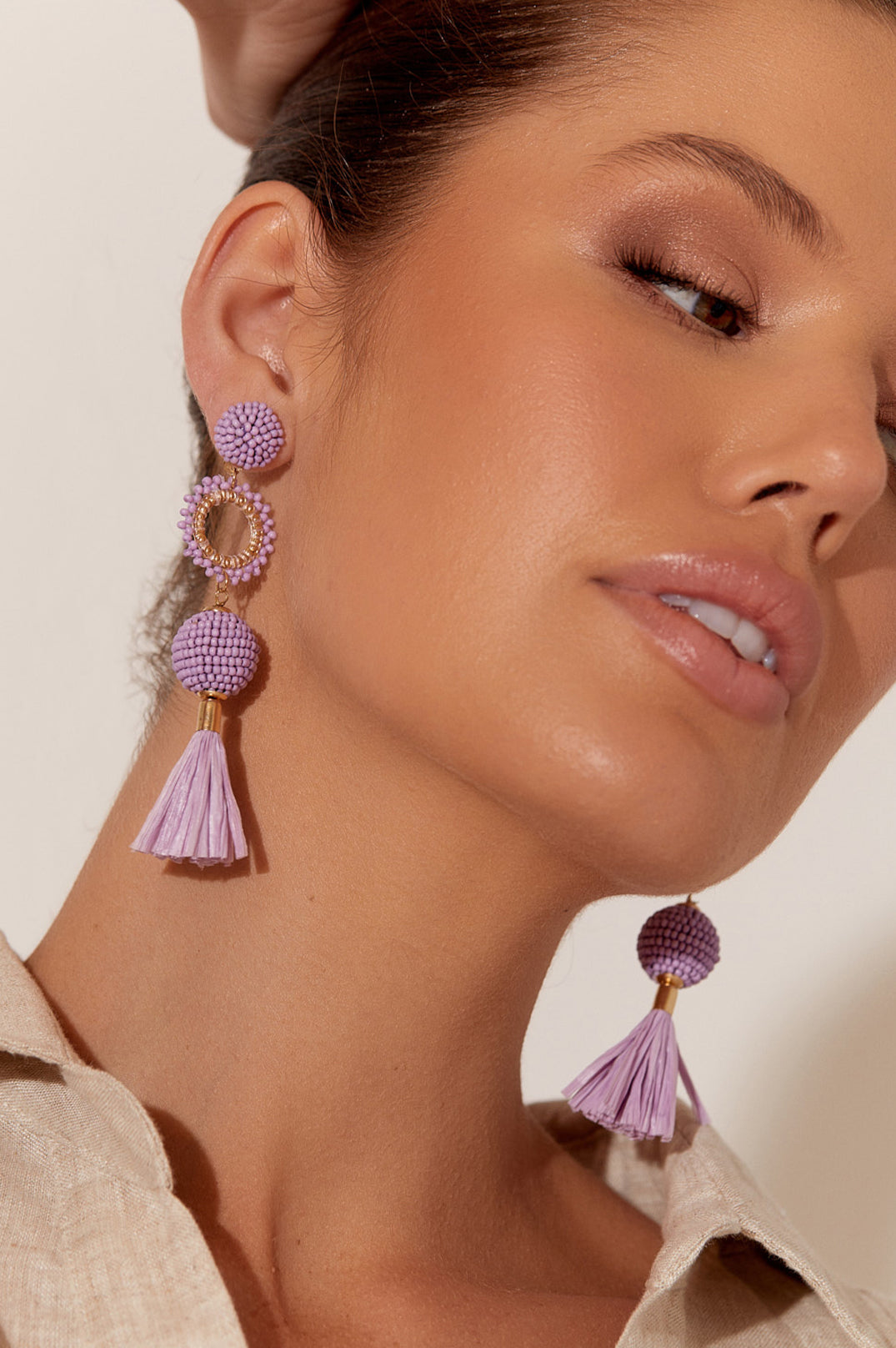 Adorne Tassel Drop Bead Event Earings - Lave/ Gold