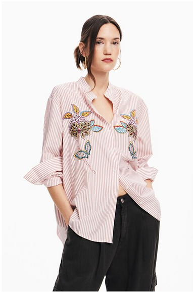 Desigual Stripe Floral Embroided Shirt - Rosa Pink