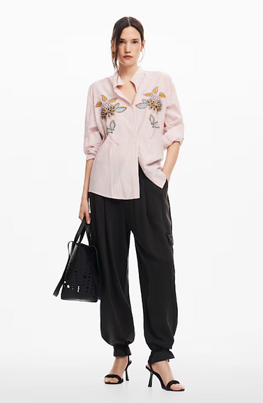 Desigual Stripe Floral Embroided Shirt - Rosa Pink