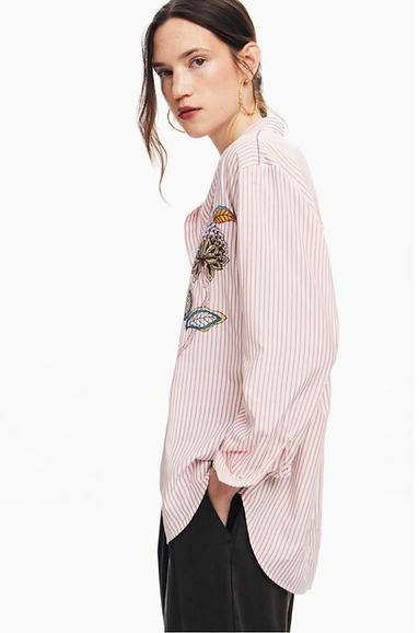 Desigual Stripe Floral Embroided Shirt - Rosa Pink