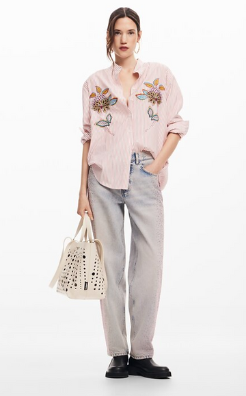 Desigual Stripe Floral Embroided Shirt - Rosa Pink