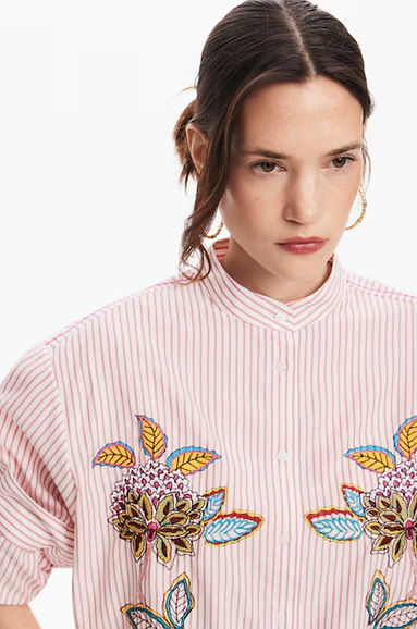 Desigual Stripe Floral Embroided Shirt - Rosa Pink