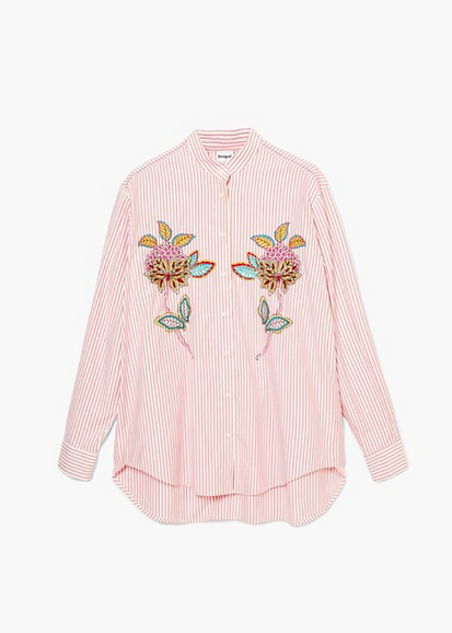 Desigual Stripe Floral Embroided Shirt - Rosa Pink