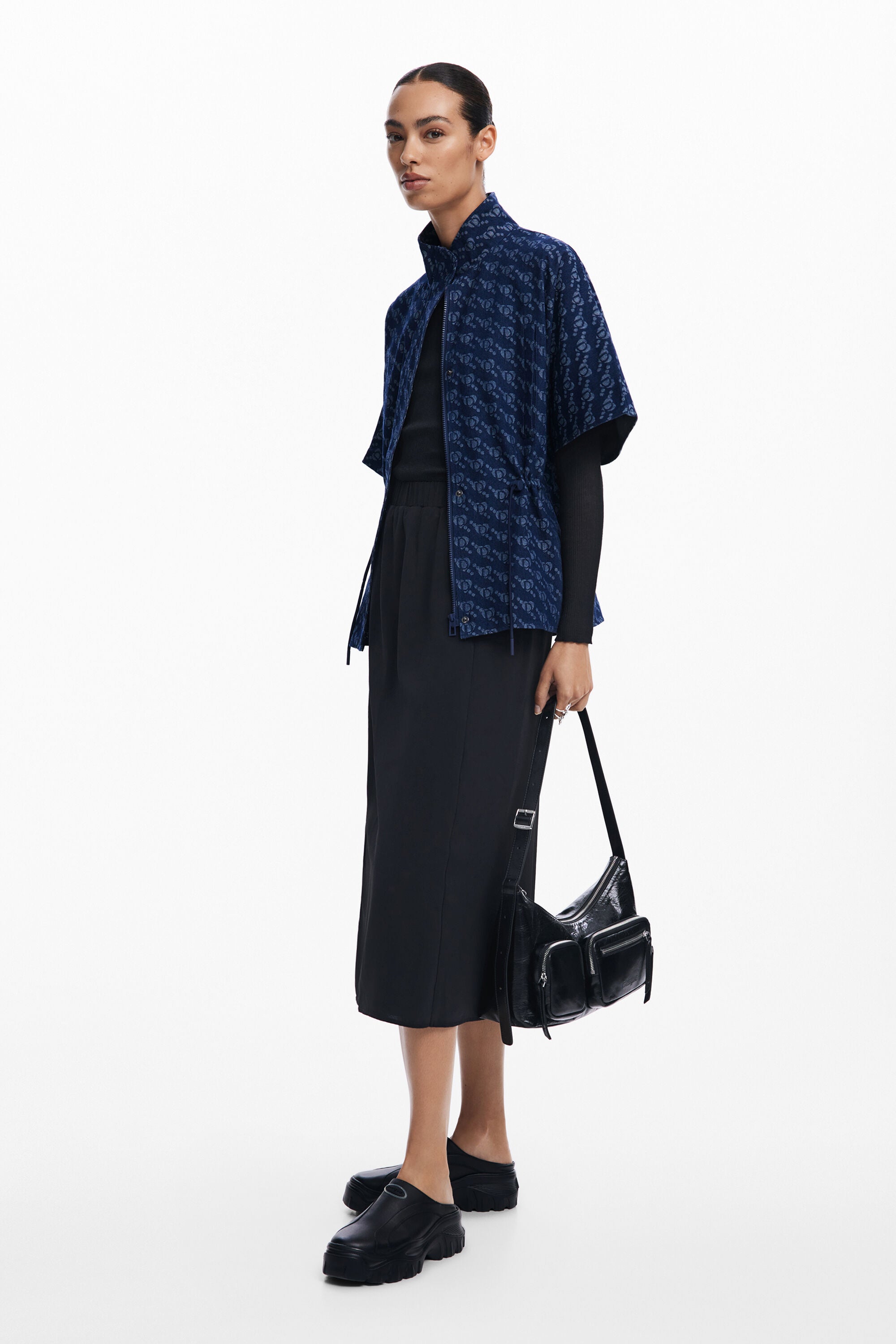 Desigual Geometric Pattern Poncho - Denim Dark Blue