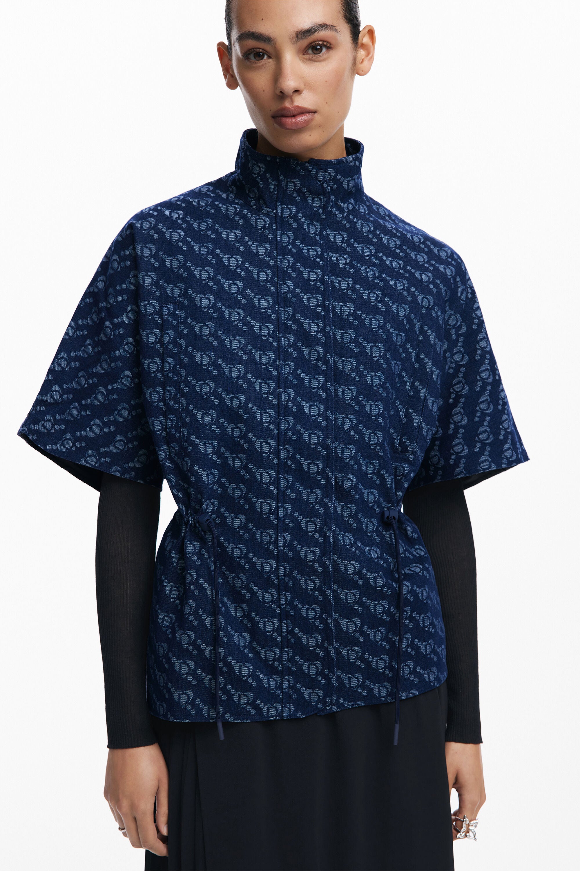 Desigual Geometric Pattern Poncho - Denim Dark Blue