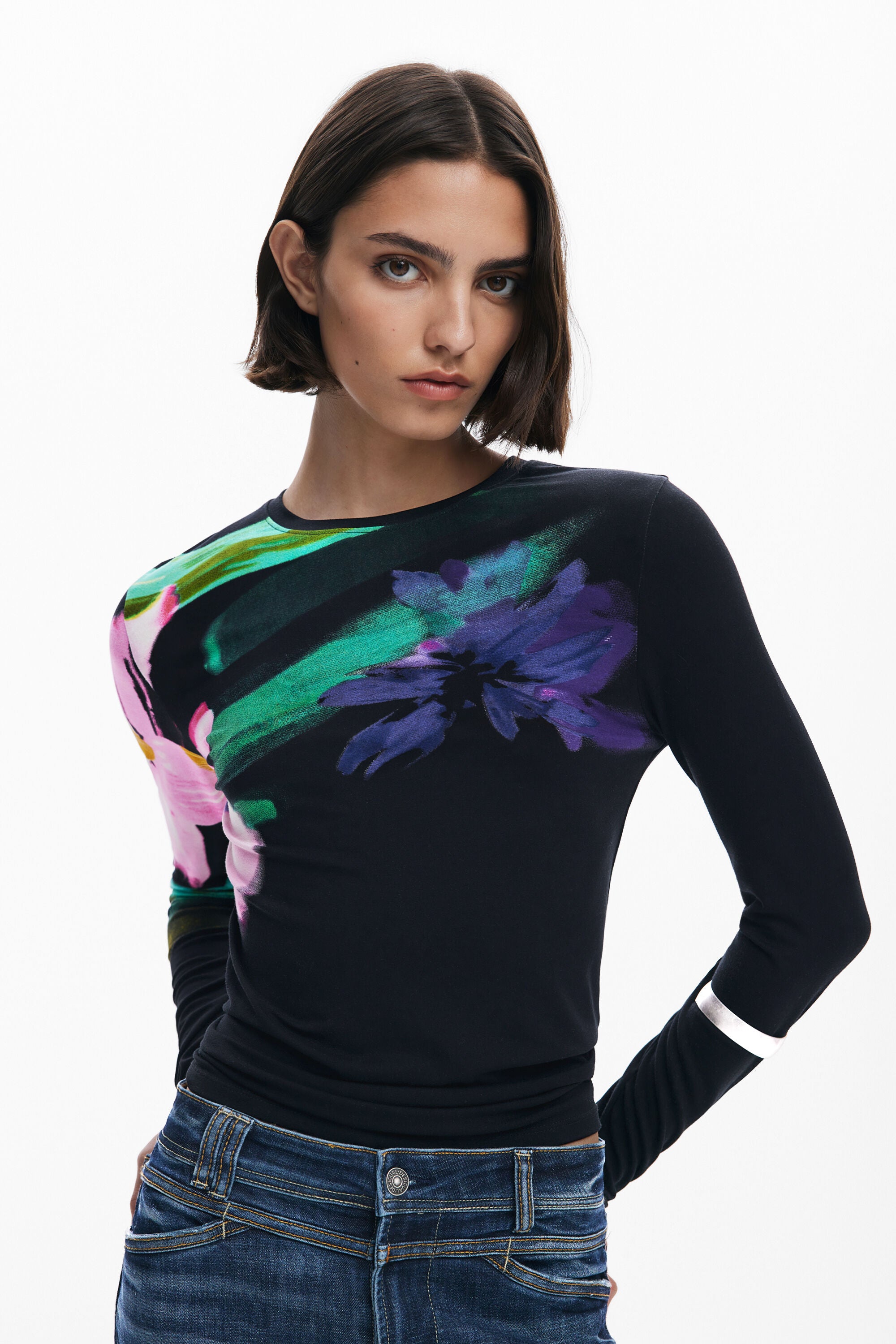 Desigual Watercolour Print Top - Black