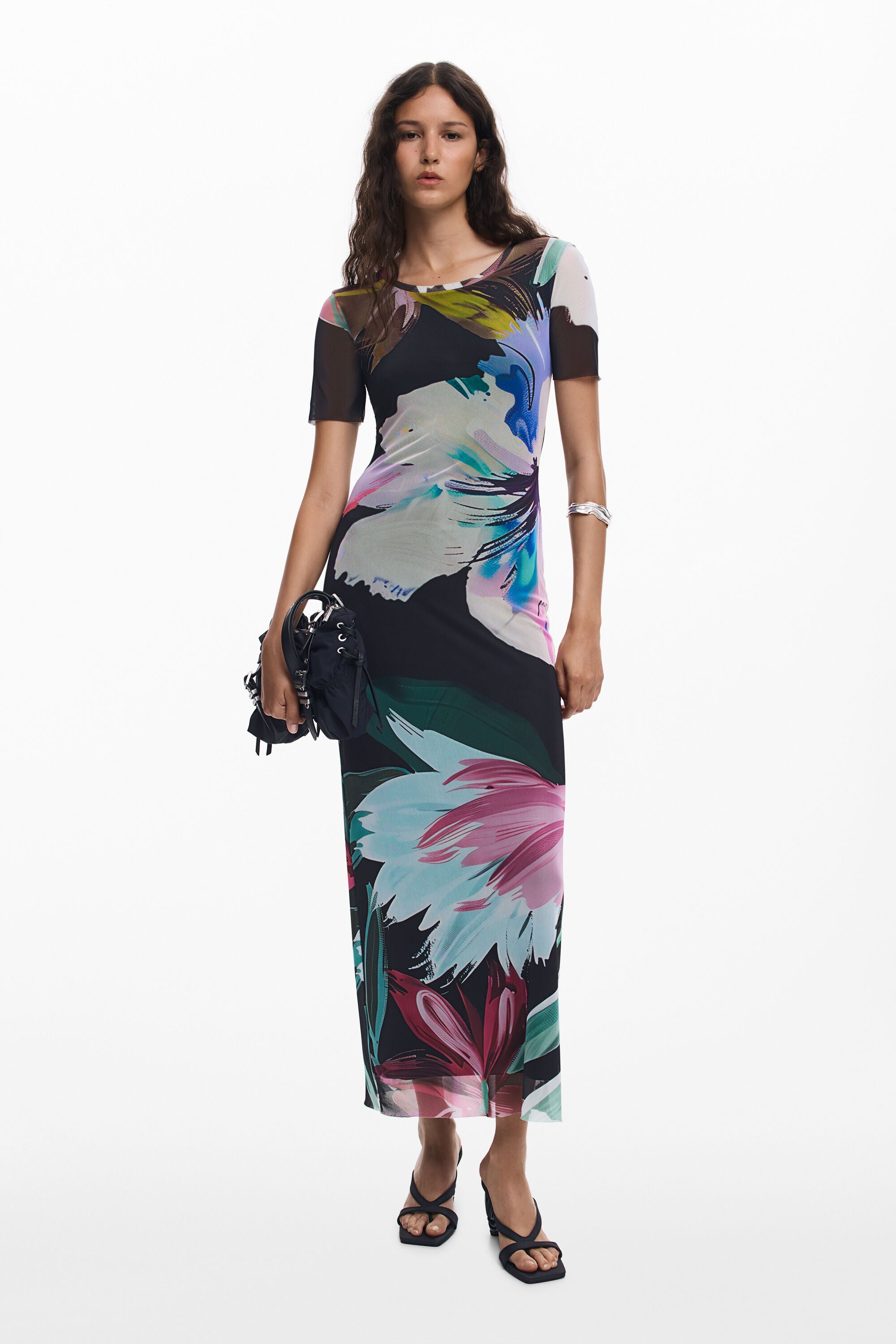 Desigual Mesh Watercolour Floral Print Dress - Black