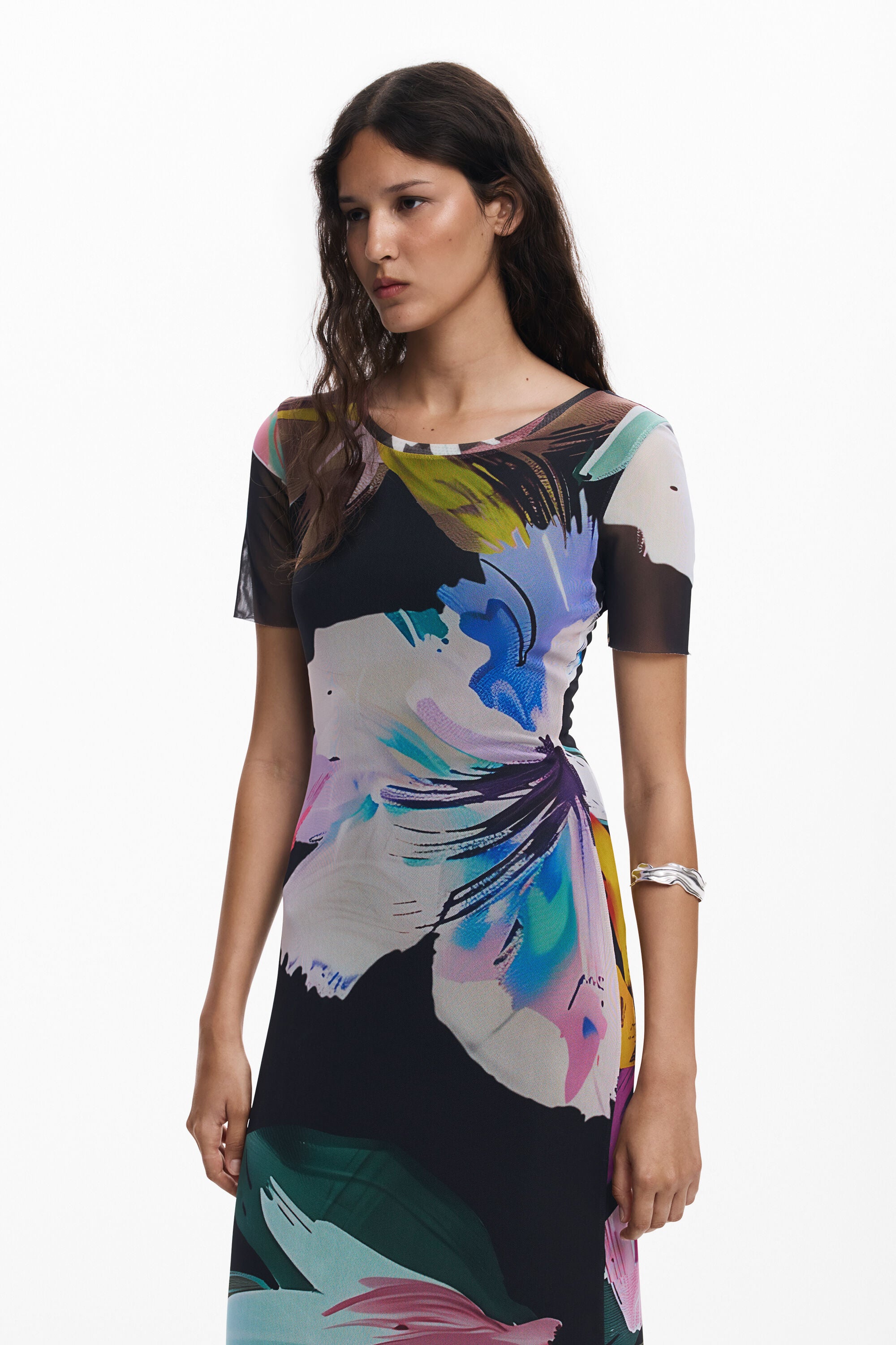 Desigual Mesh Watercolour Floral Print Dress - Black