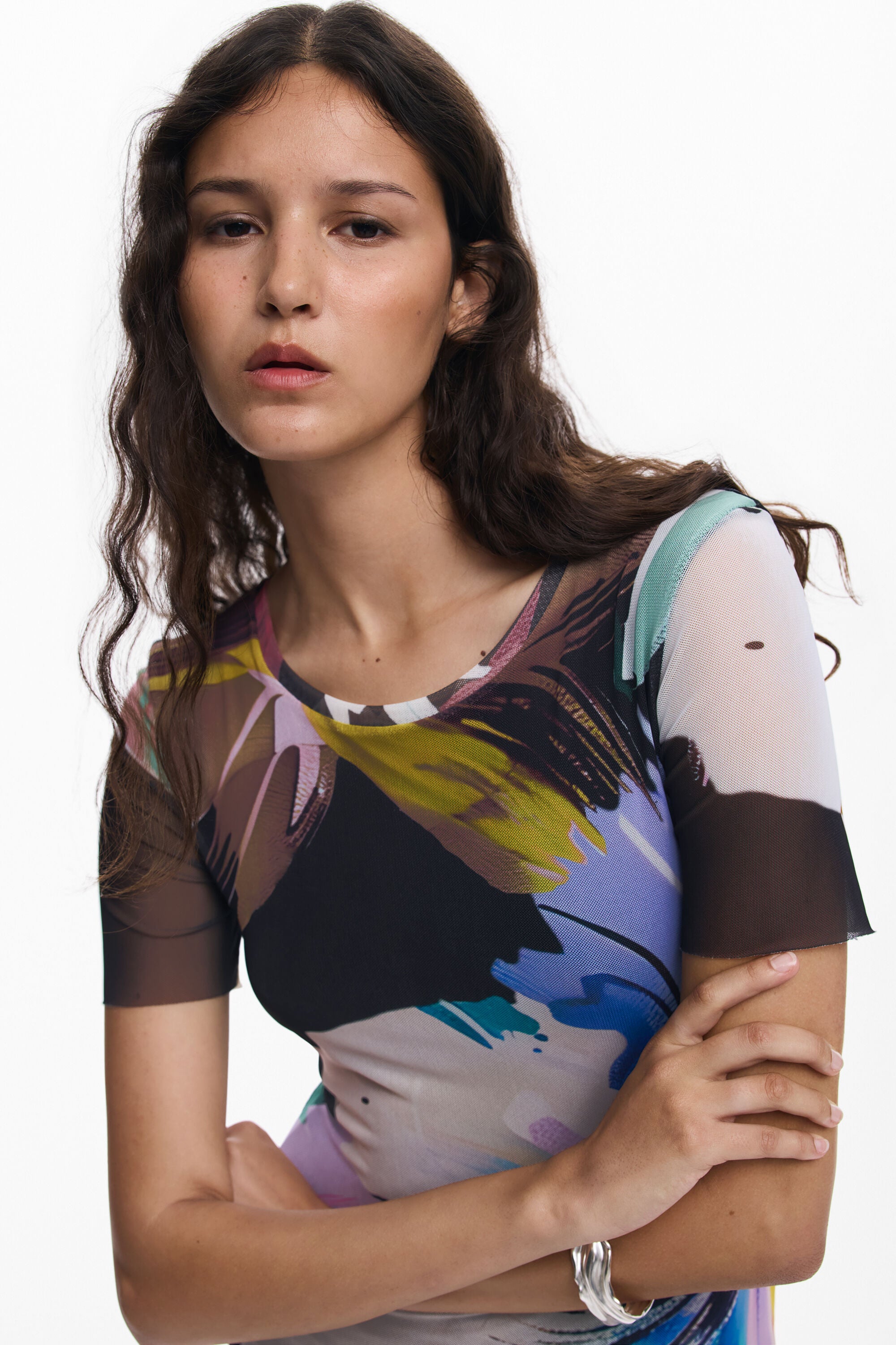Desigual Mesh Watercolour Floral Print Dress - Black