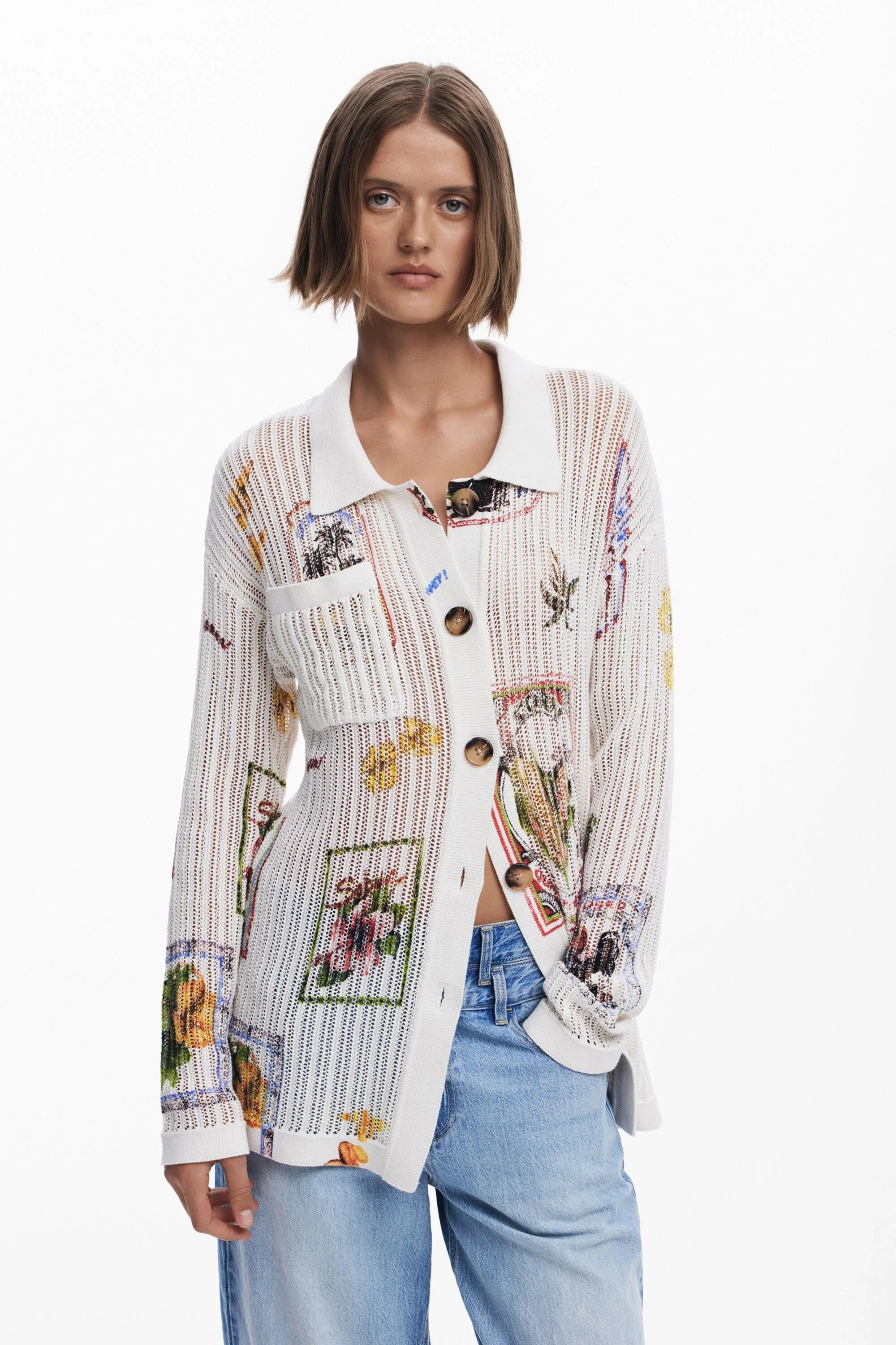 Desigual Native Knit Longline Cardigan - Off White/ Print