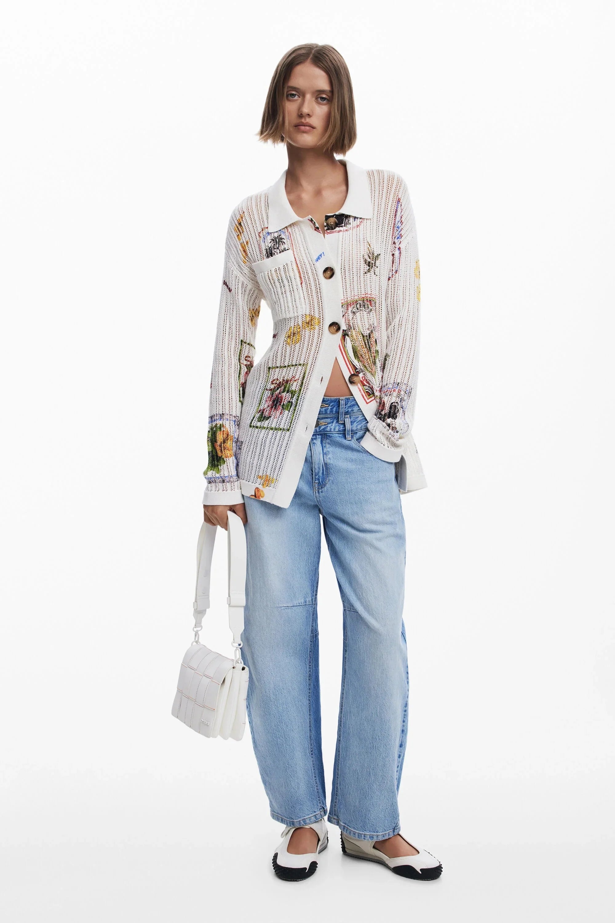 Desigual Native Knit Longline Cardigan - Off White/ Print
