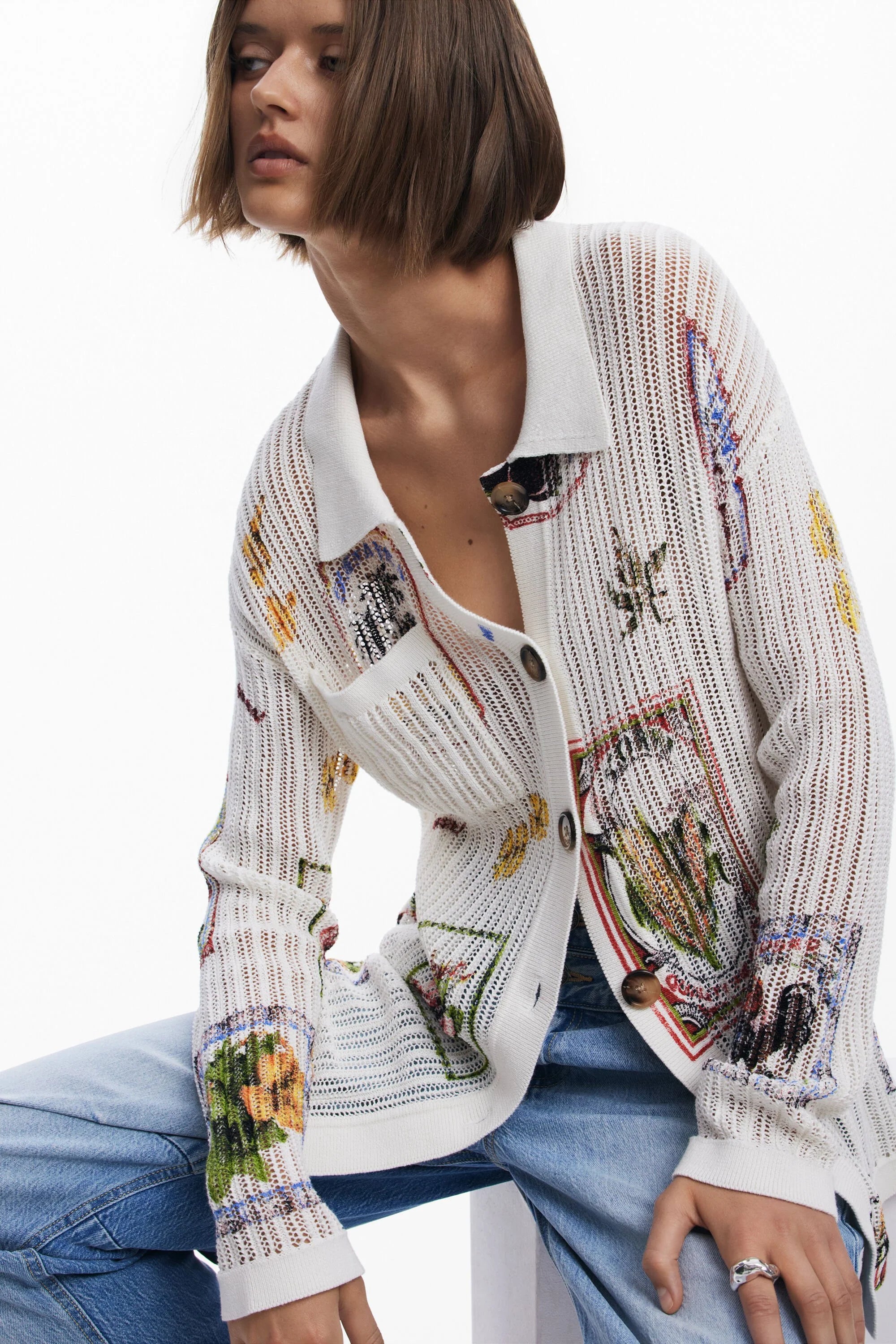 Desigual Native Knit Longline Cardigan - Off White/ Print