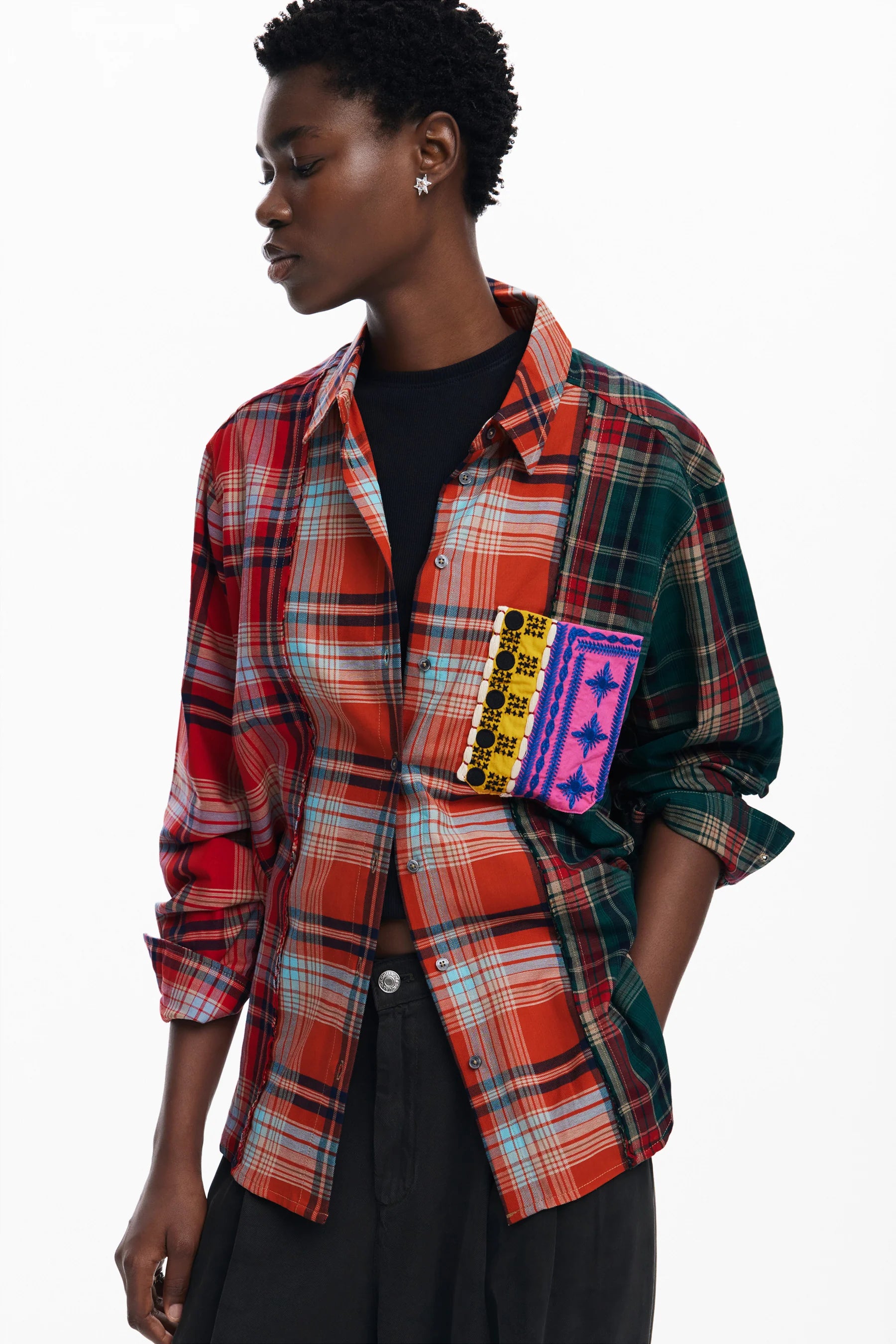Desigual Patchwork Check Print Shirt - Tabaco
