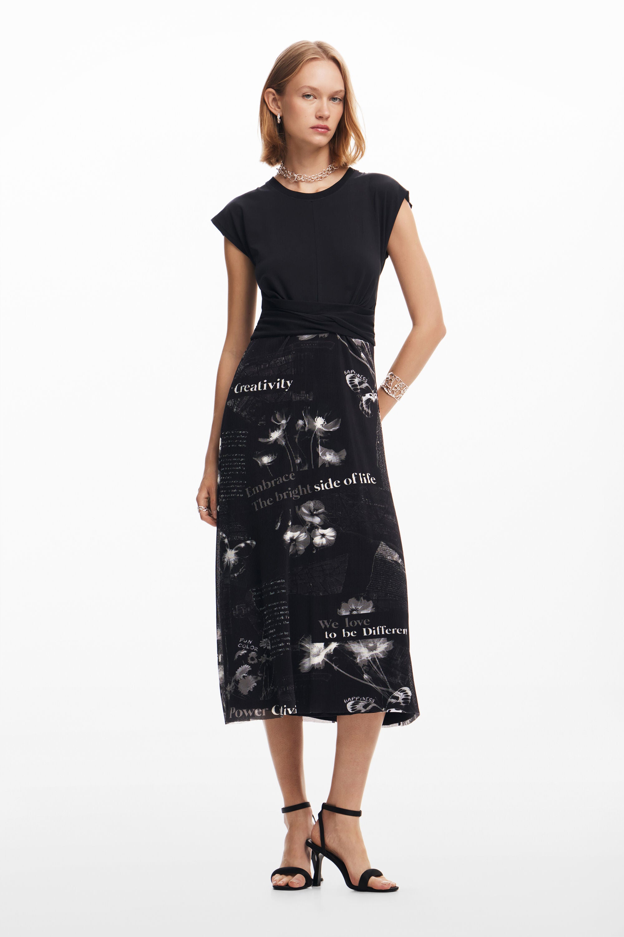 Desigual Pleated Midi Dress - Black/ White