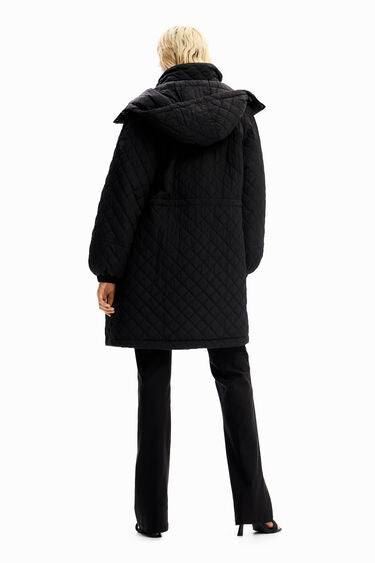 Desigual Long Quilted Overcoat - Black