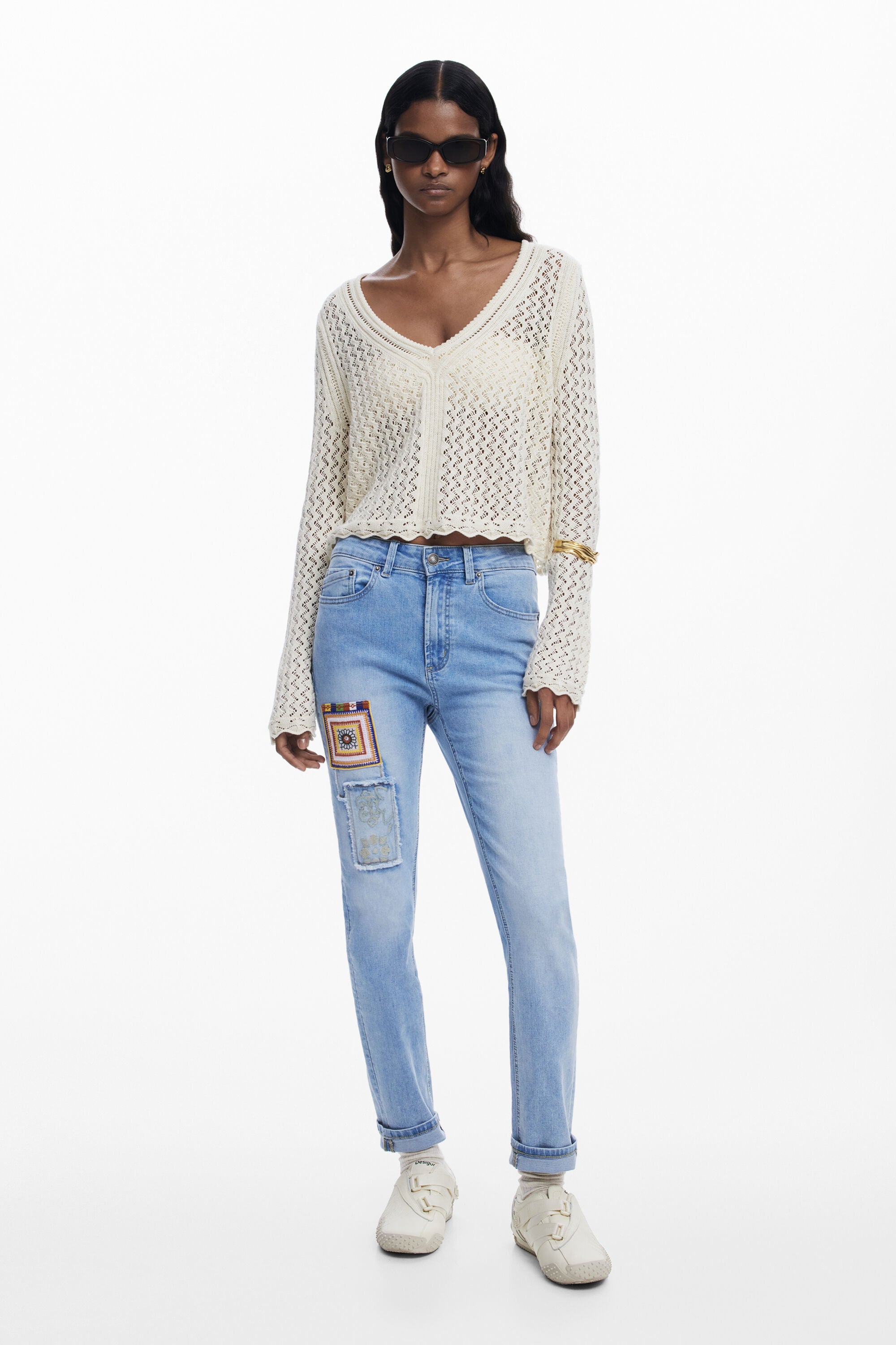 Desigual Slim Jeans With Patches - Washed Denim