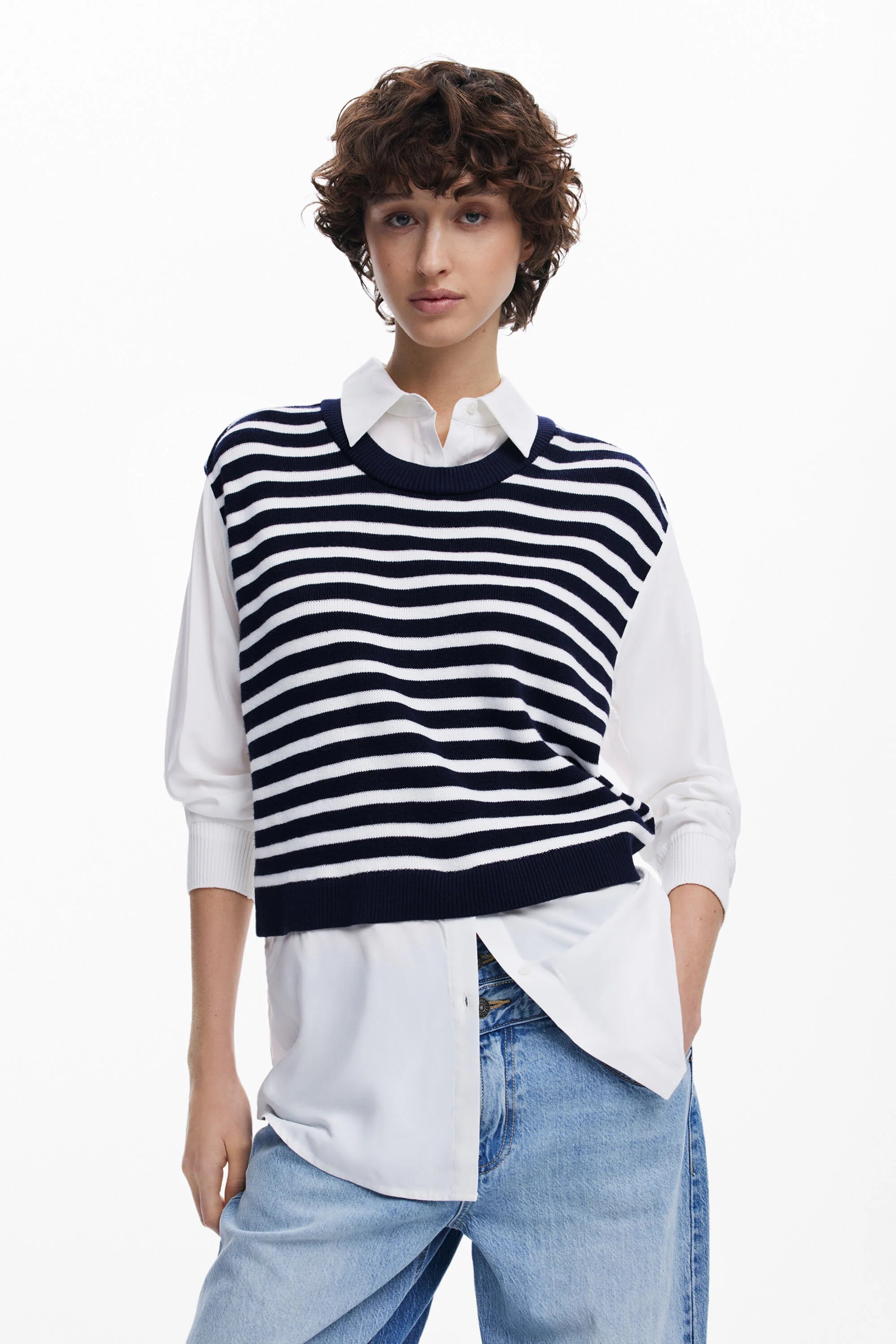 Desigual Striped Vest Shirt - Navy/ White