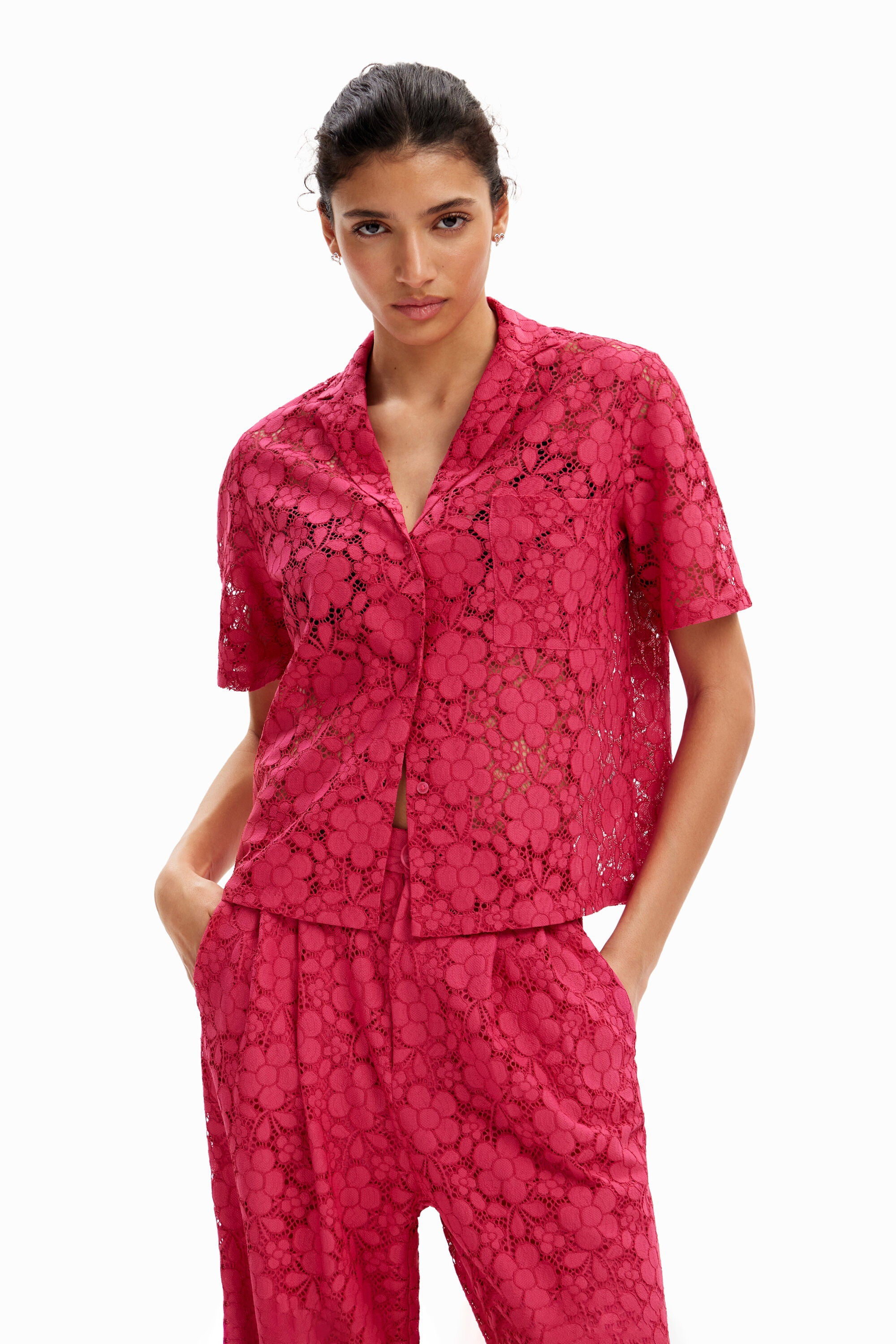 Desigual Short Lace Resort Shirt - Fuschia