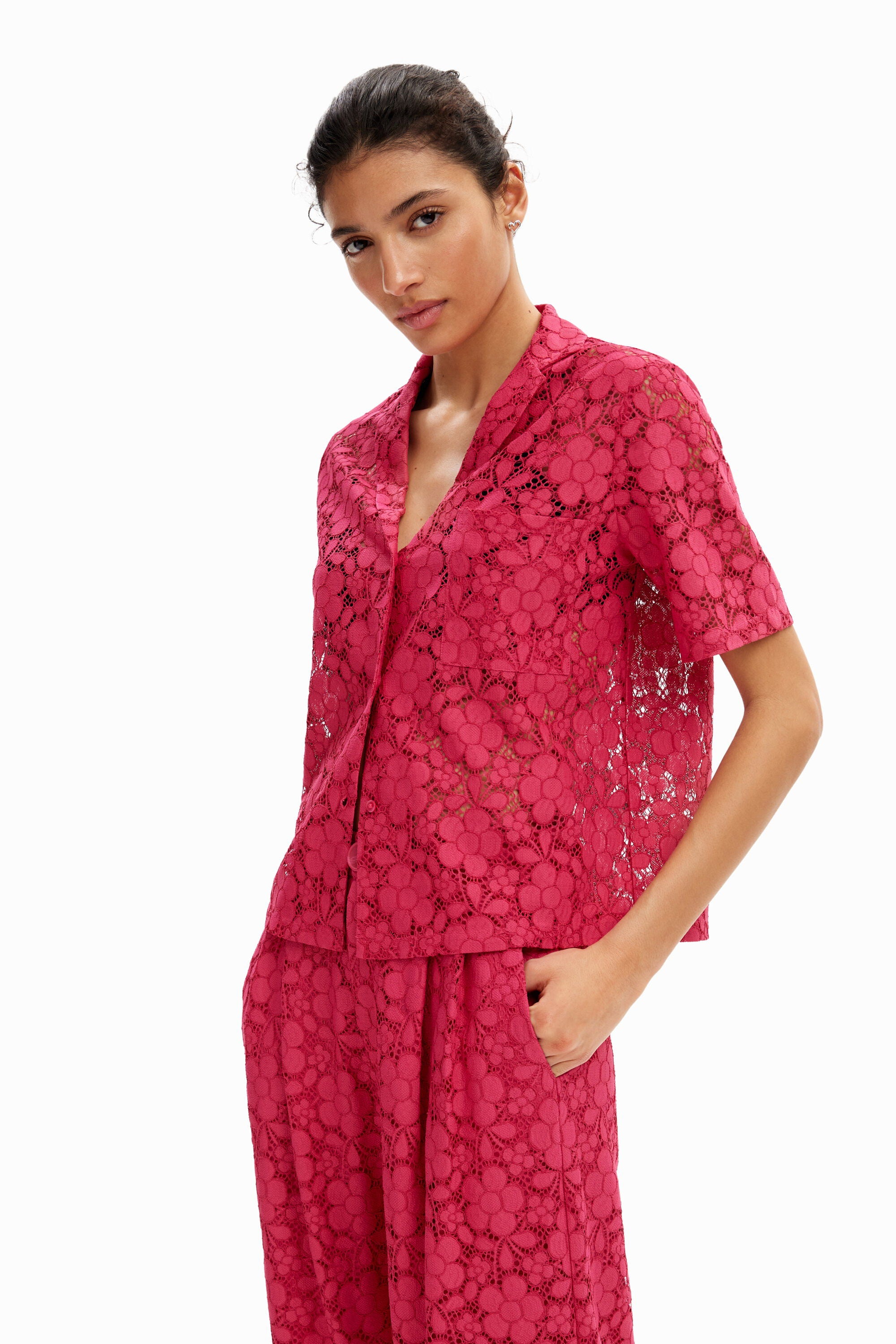 Desigual Short Lace Resort Shirt - Fuschia