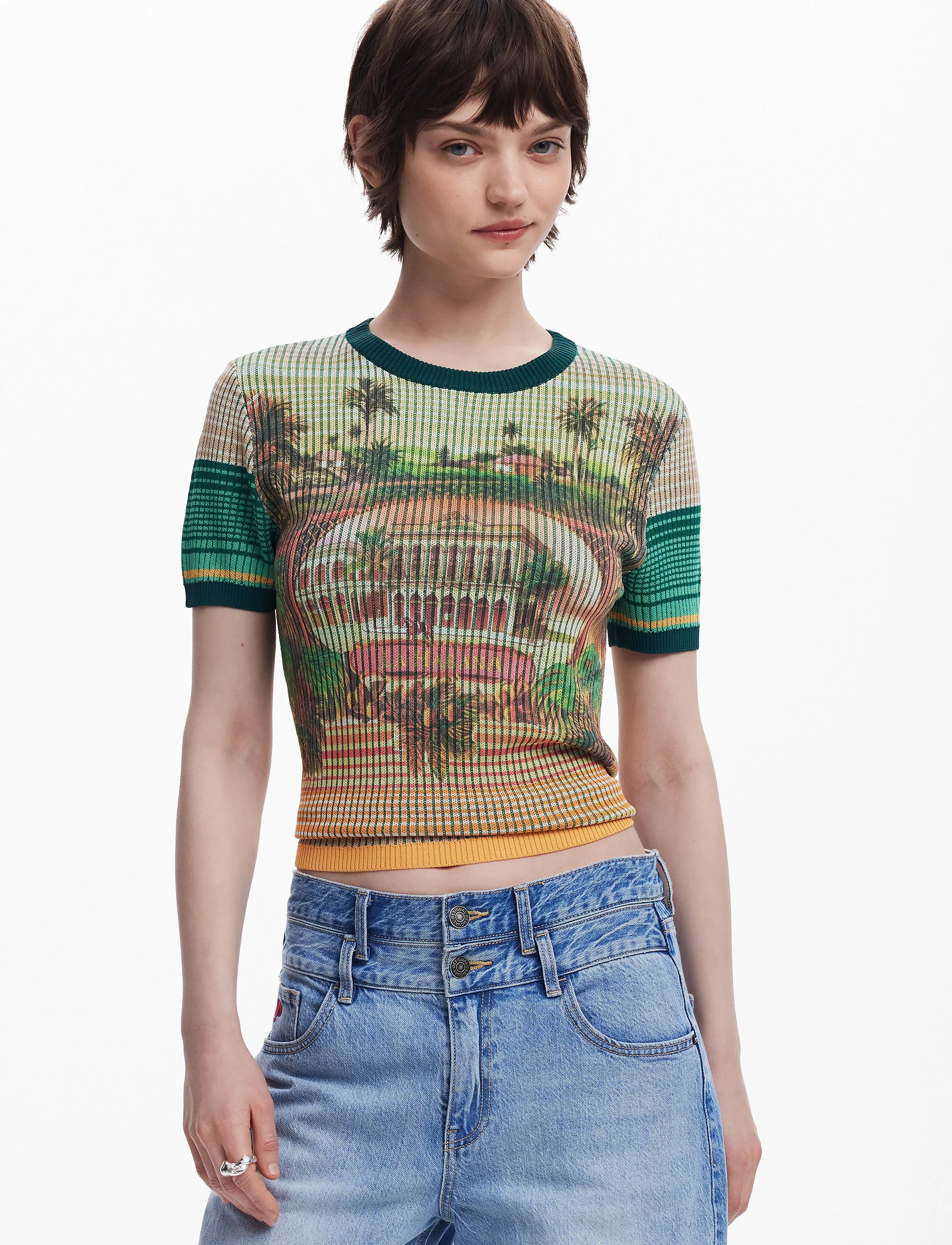 Desigual Ribbed Africa Print Top - Green/ Multi
