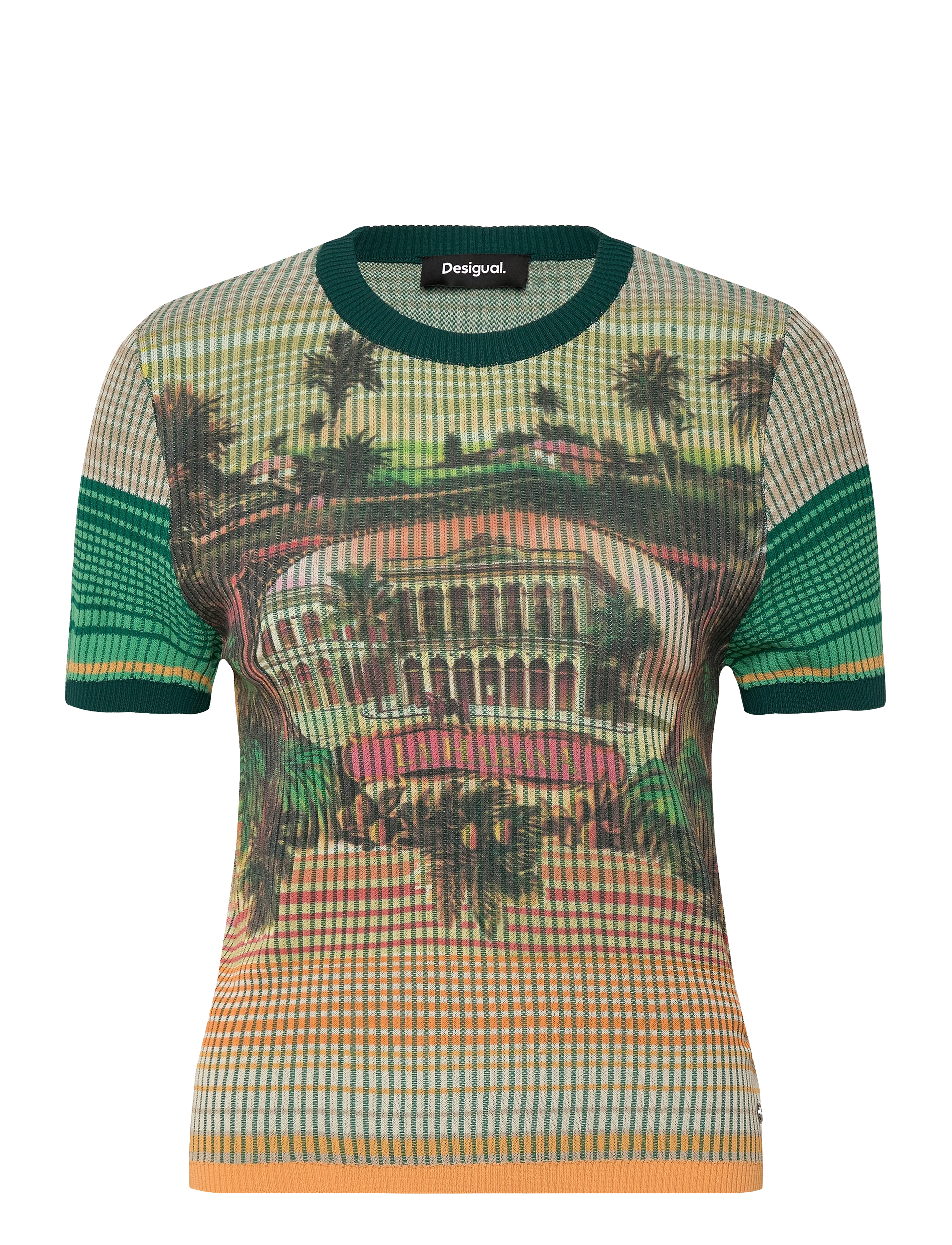 Desigual Ribbed Africa Print Top - Green/ Multi