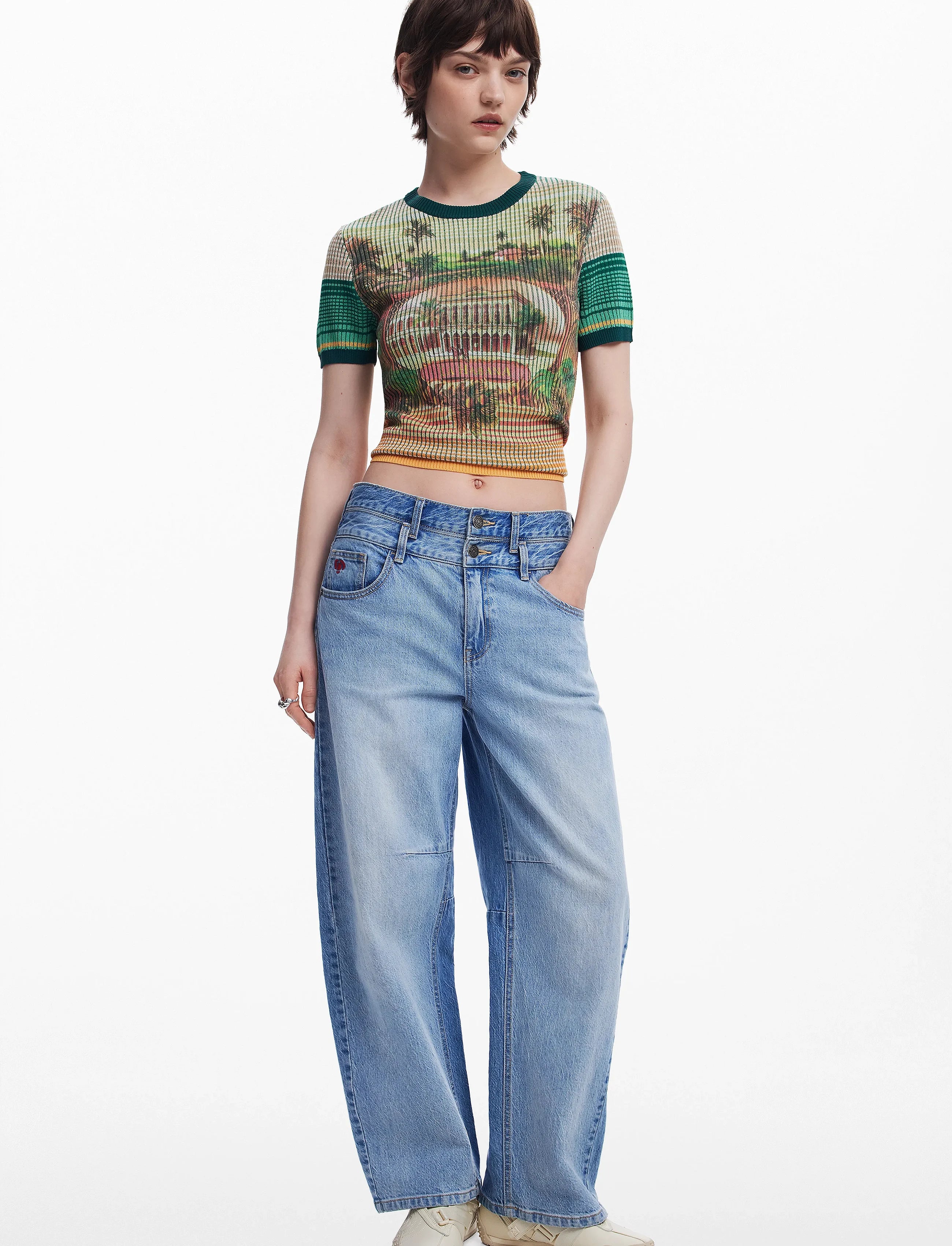 Desigual Ribbed Africa Print Top - Green/ Multi