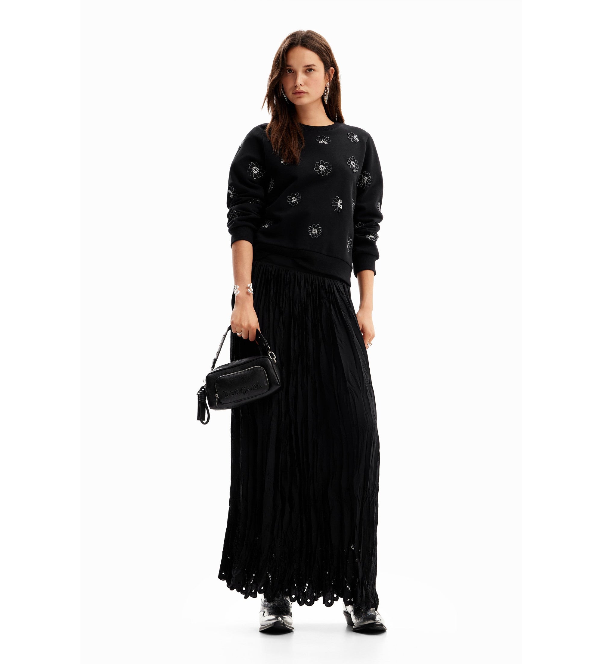 Desigual Beaded Embossed Flower Detail Sweater - Black