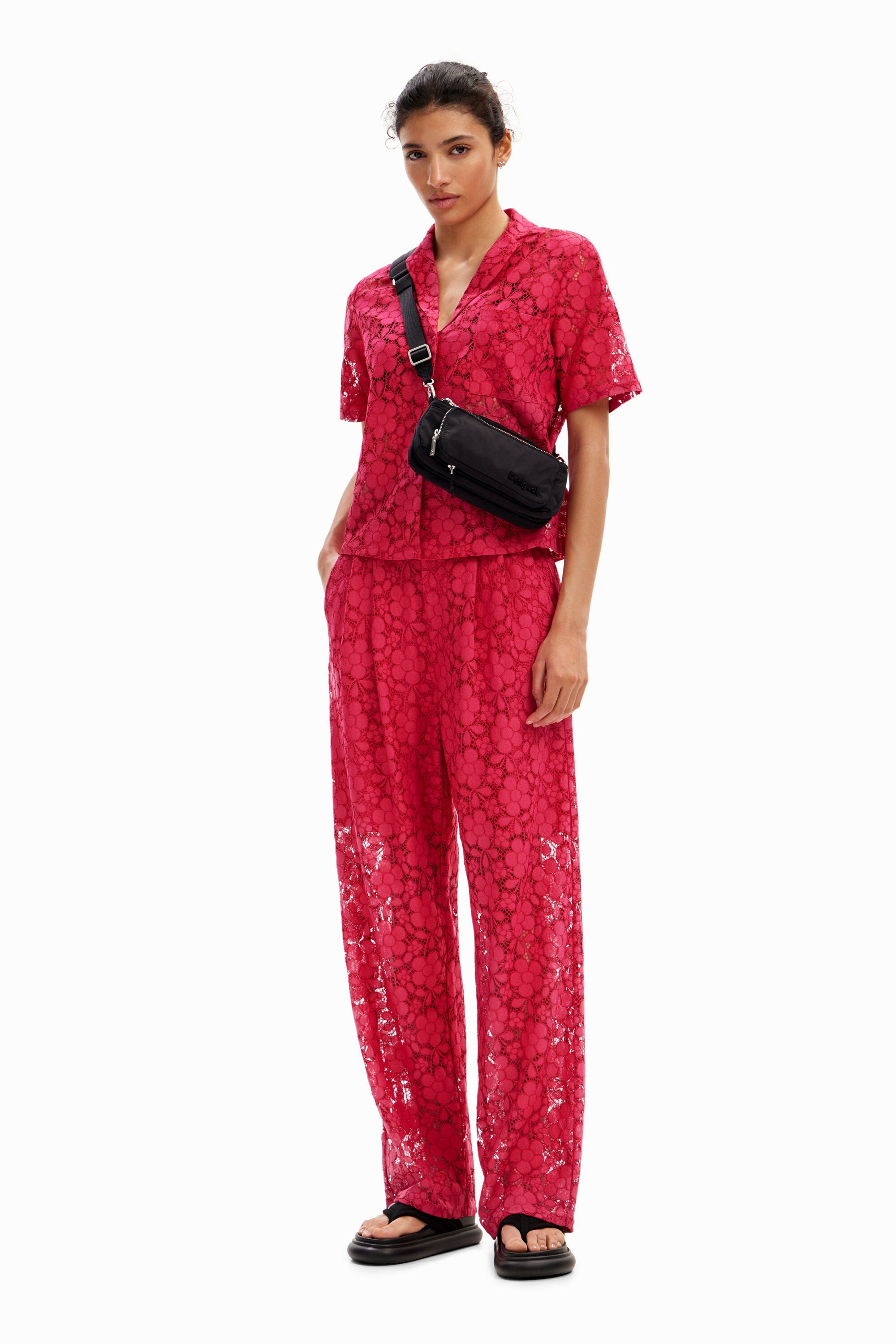 Desigual Tailored Floral Lace Pants - Fuschia
