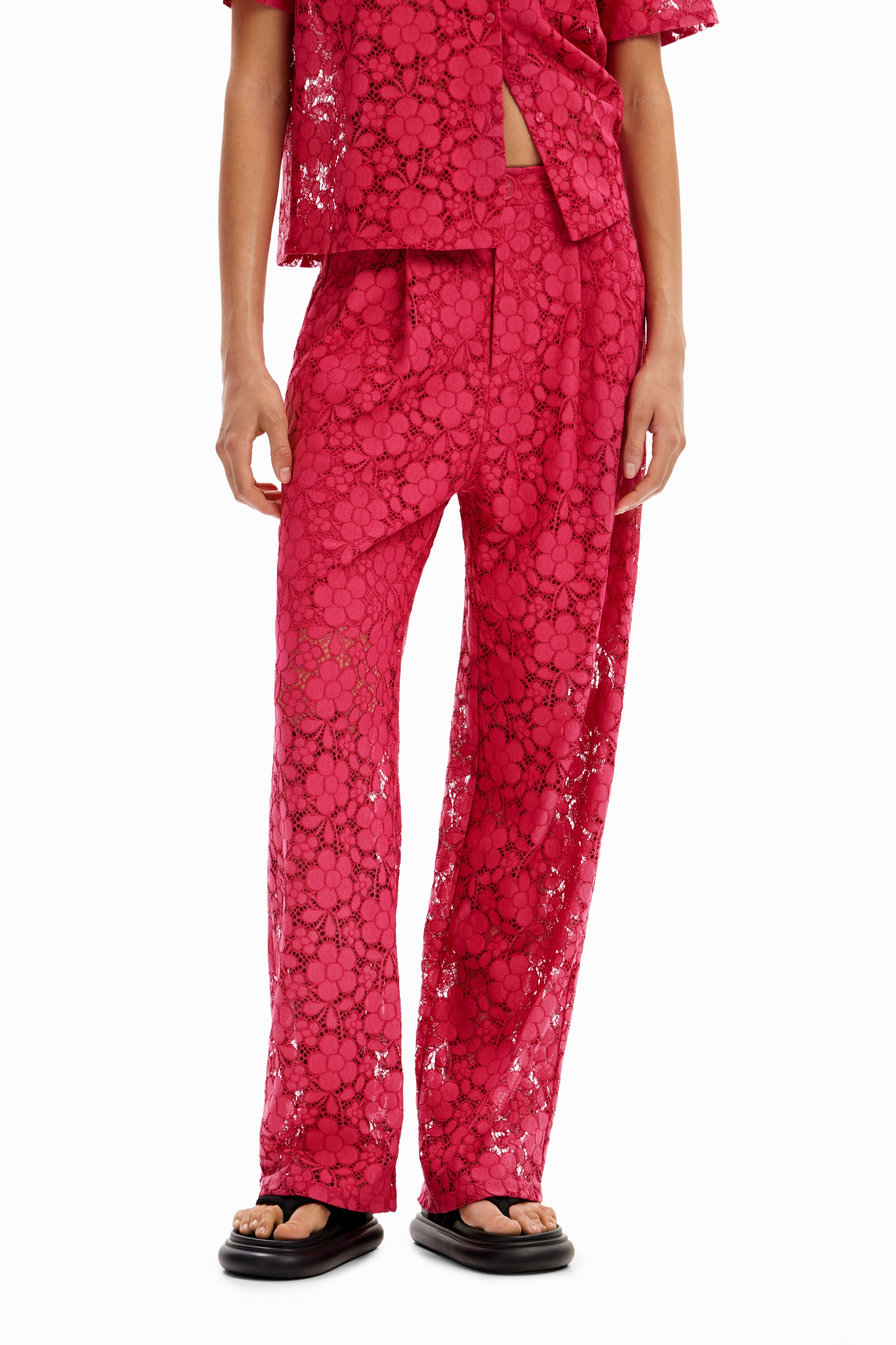 Desigual Tailored Floral Lace Pants - Fuschia