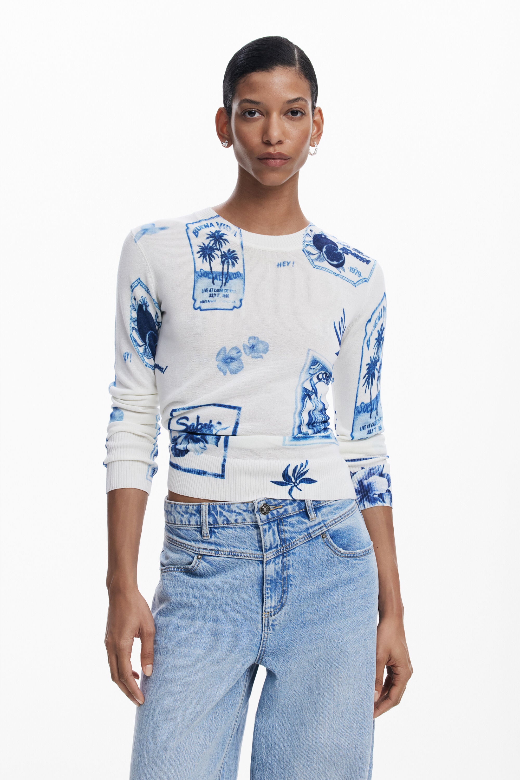 Desigual Tropical Stamps Sweater - White/ Blue