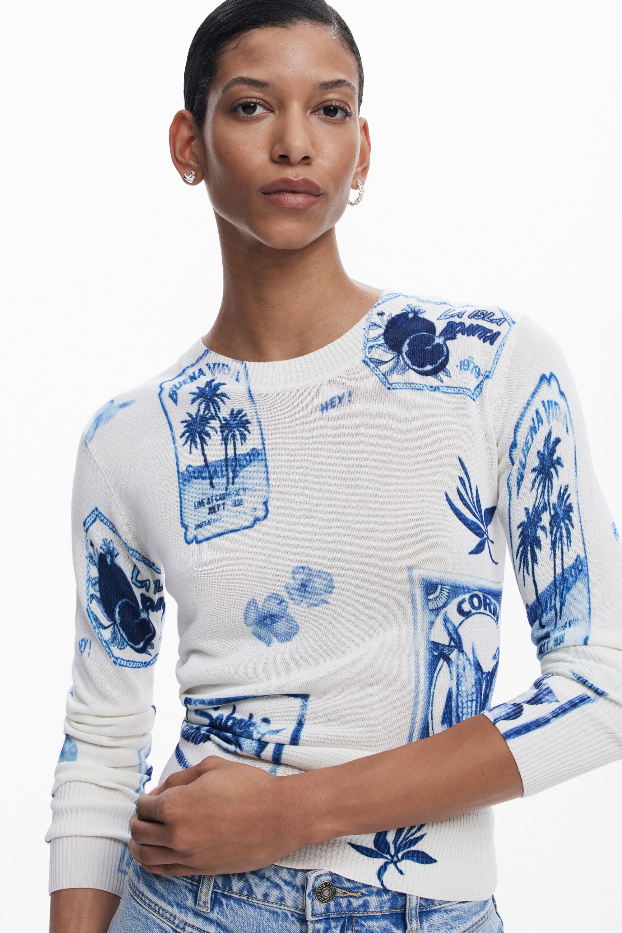 Desigual Tropical Stamps Sweater - White/ Blue