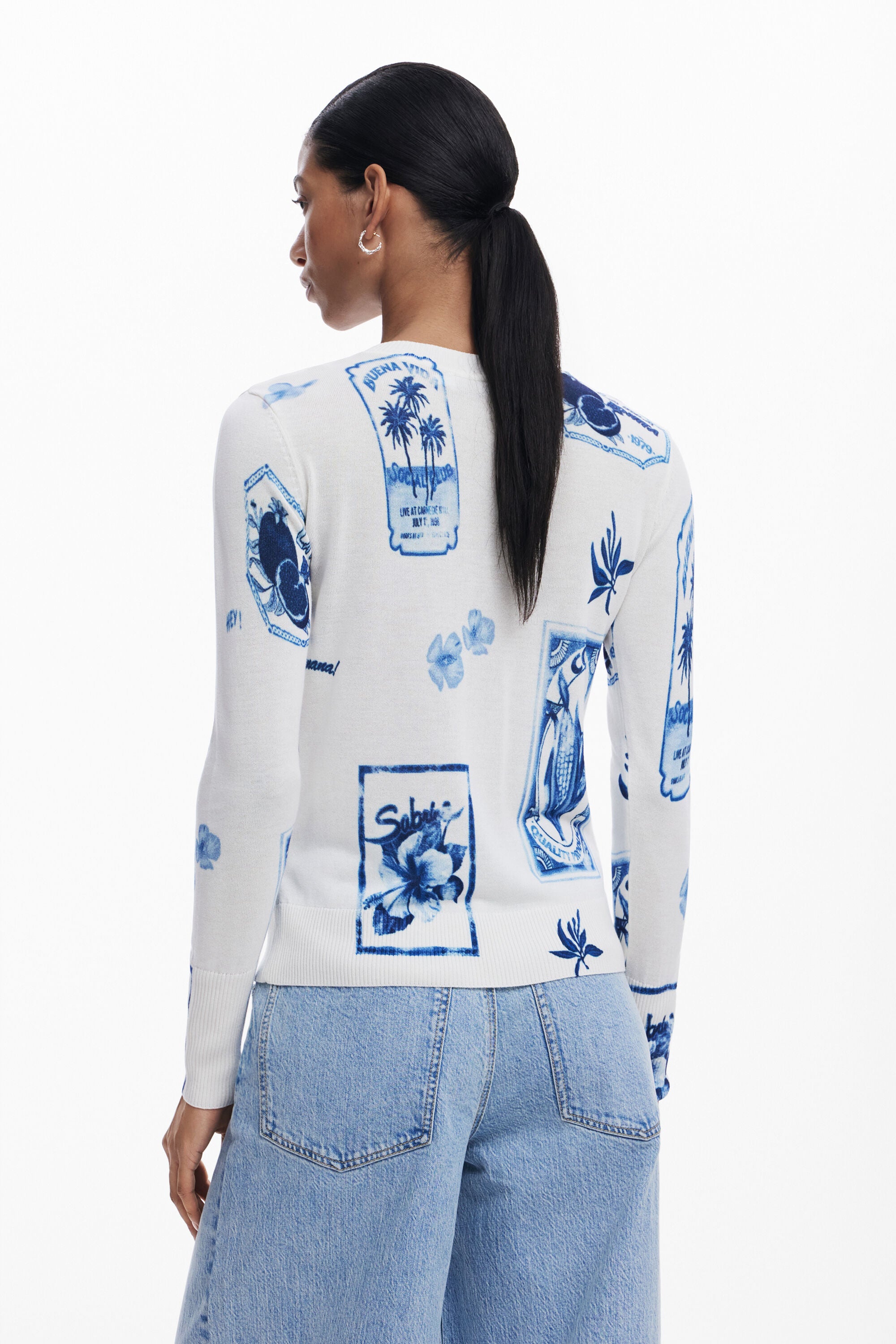 Desigual Tropical Stamps Sweater - White/ Blue