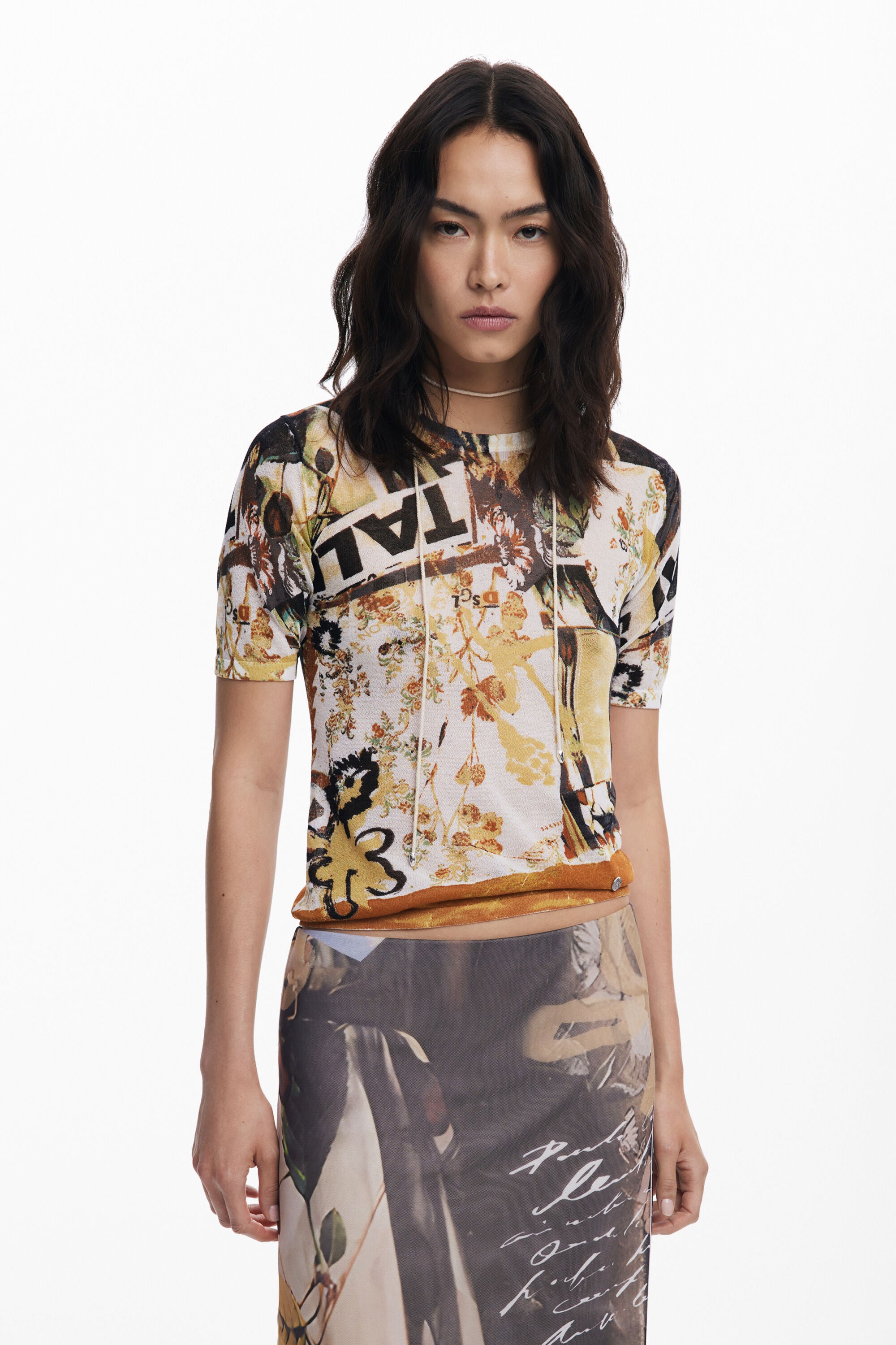 Desigual Mesh Midi Skirt 052002 - Collage Effect Print