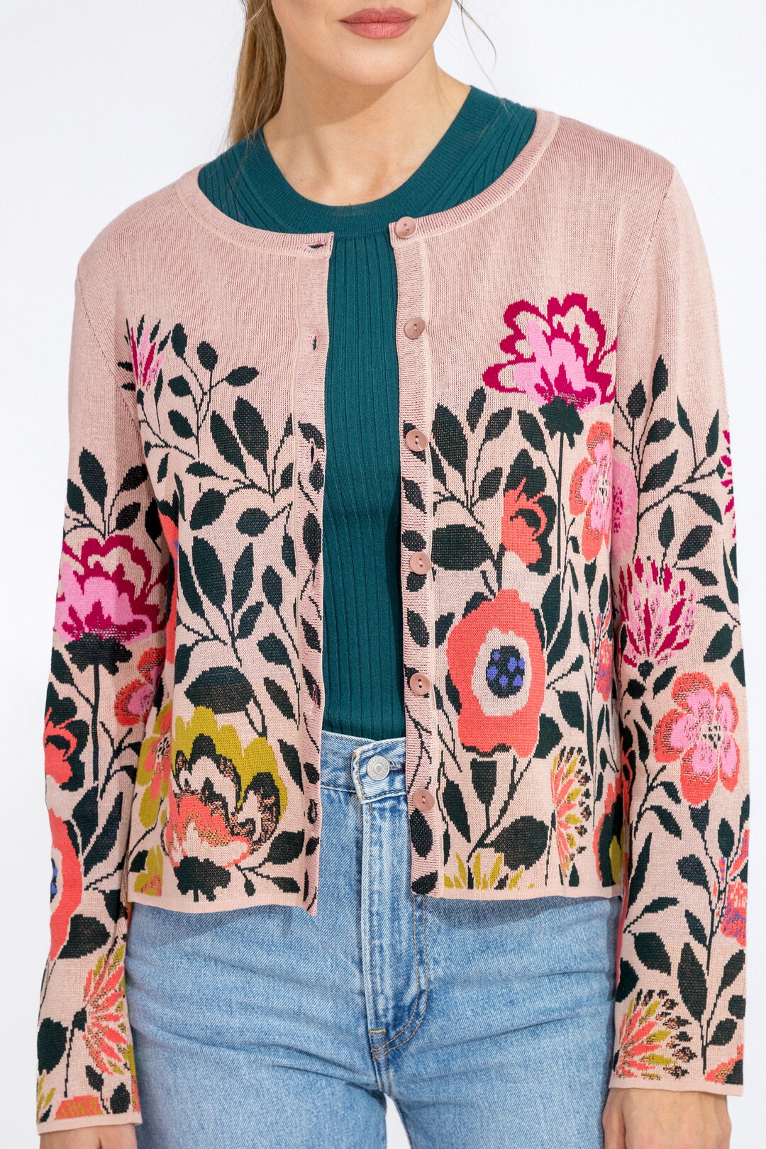 Ivko Woman Cardigan O Neck Floral - Powder