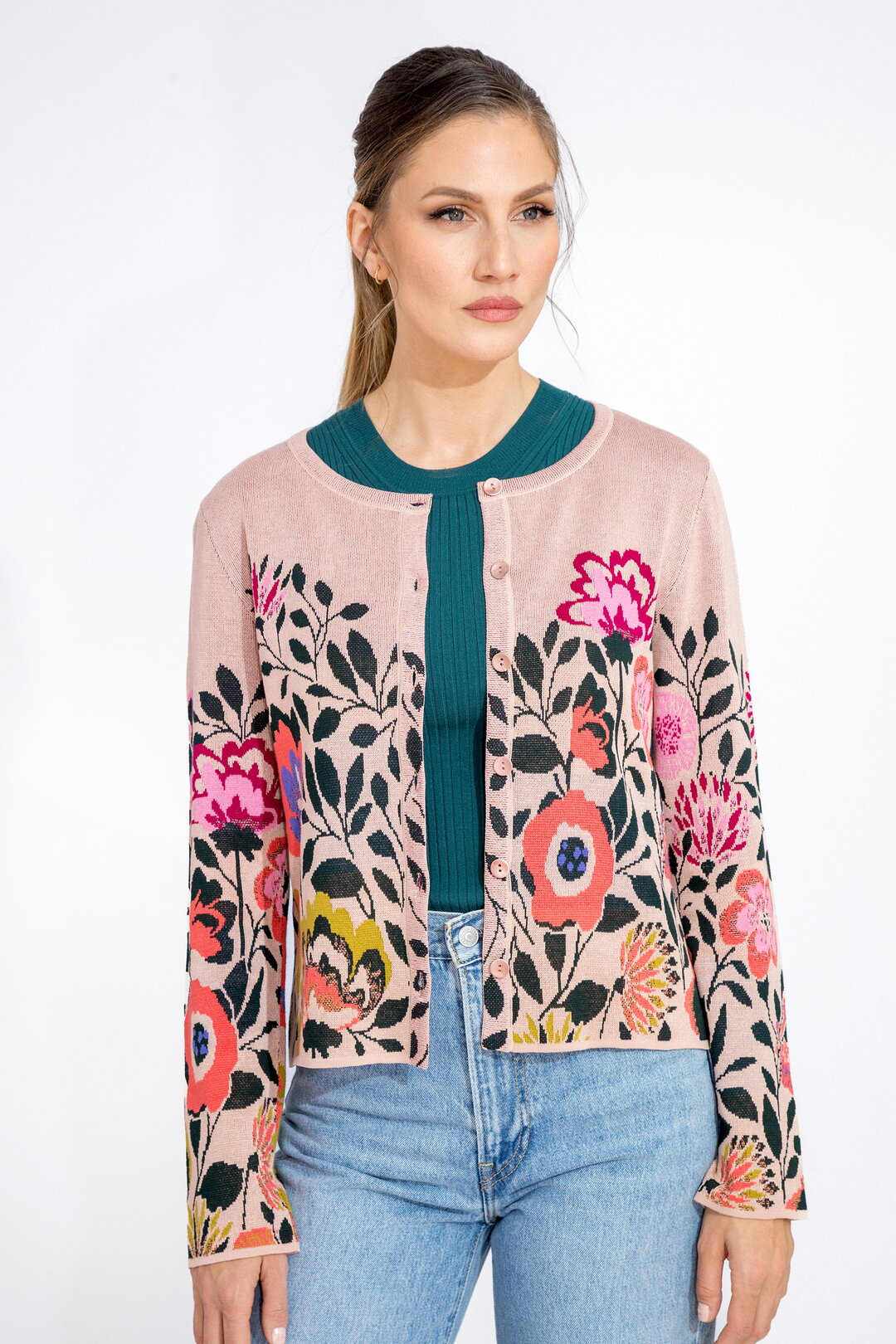 Ivko Woman Cardigan O Neck Floral - Powder