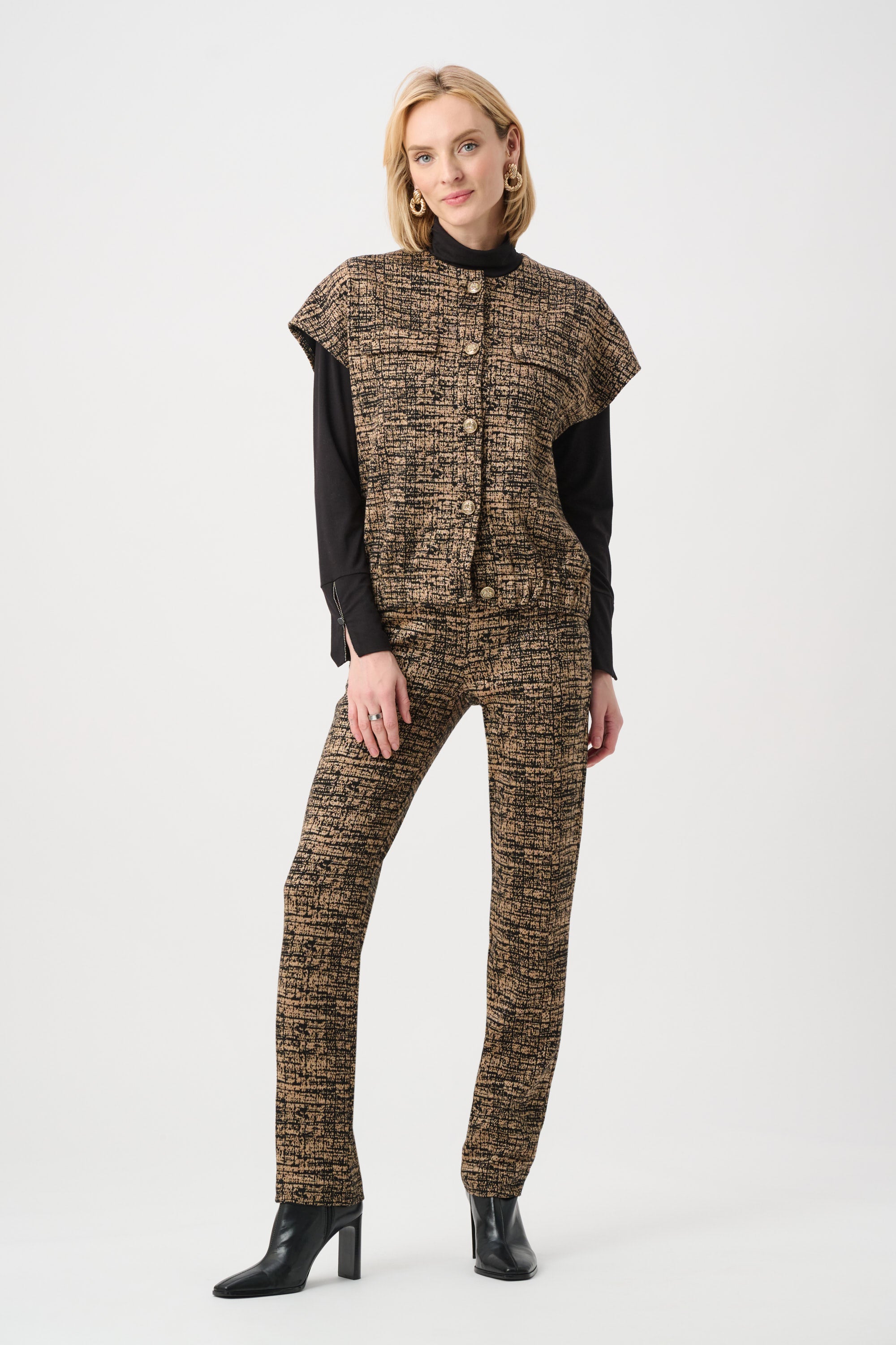 Joseph Ribkoff Jacquard Knit Bomber Vest 263128 - Black/ Beige