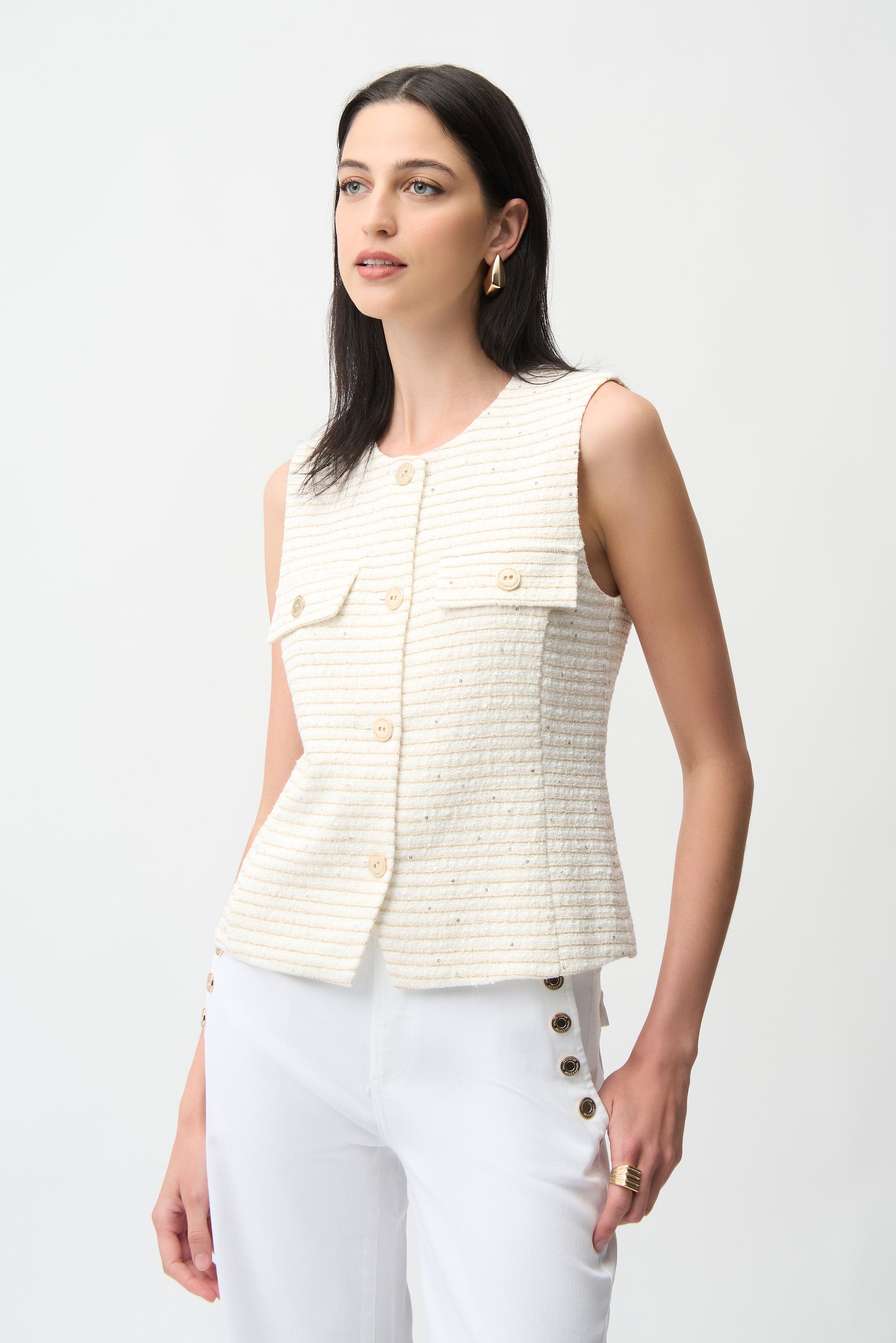Joseph Ribkoff Boucle Fitted Vest 261113 - Off White/ Gold