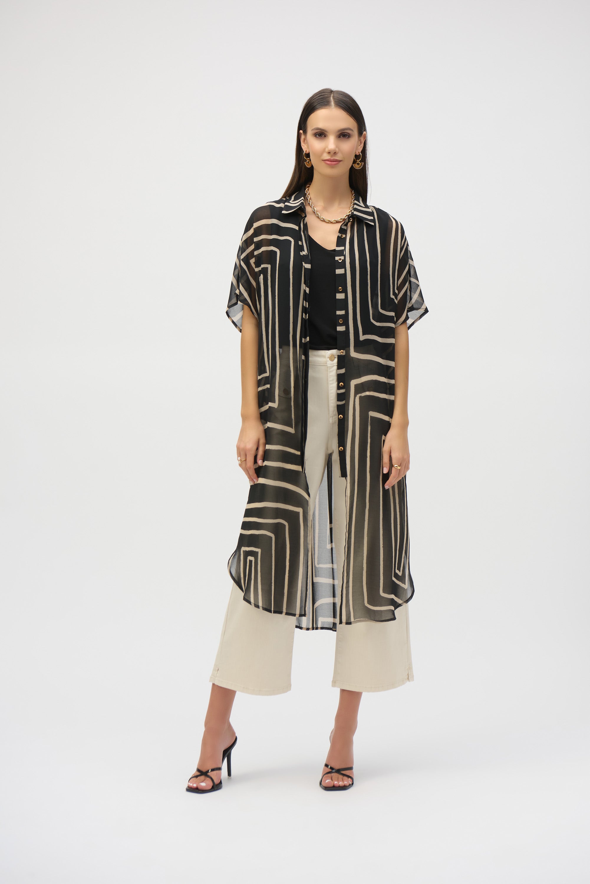 Joseph Ribkoff Chiffon Geometric Long Line Blouse 252934 - Black/ Beige