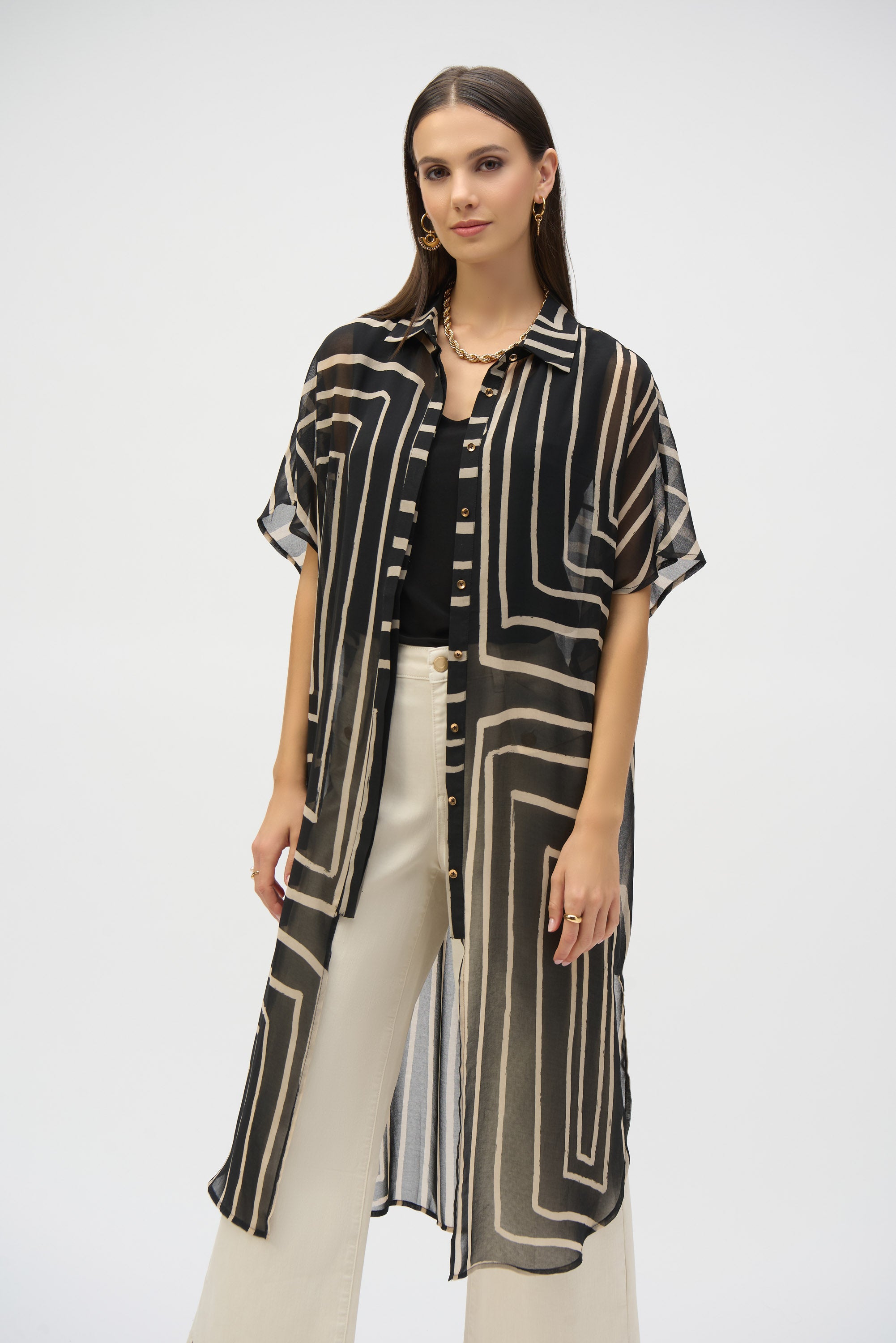 Joseph Ribkoff Chiffon Geometric Long Line Blouse 252934 - Black/ Beige