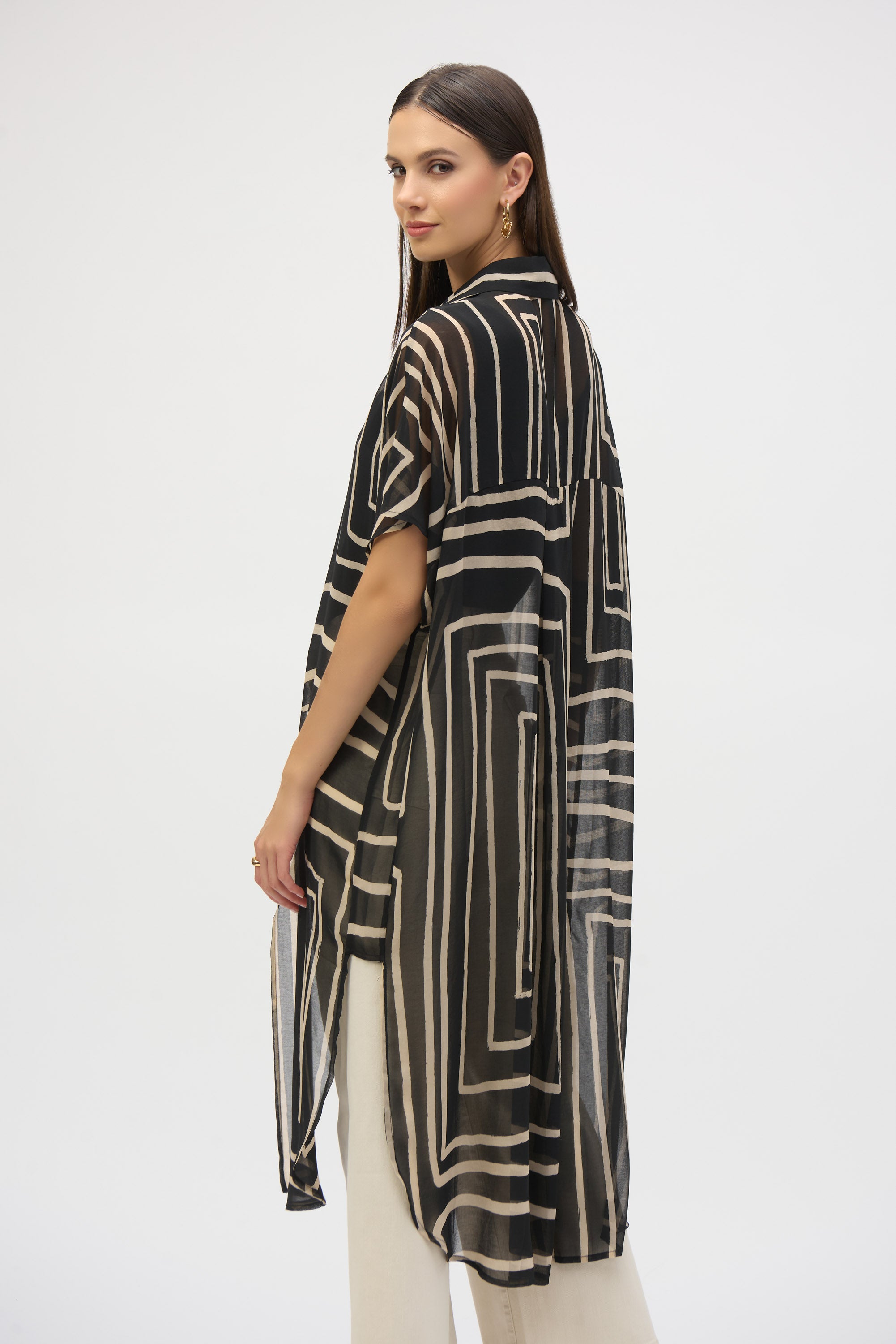 Joseph Ribkoff Chiffon Geometric Long Line Blouse 252934 - Black/ Beige
