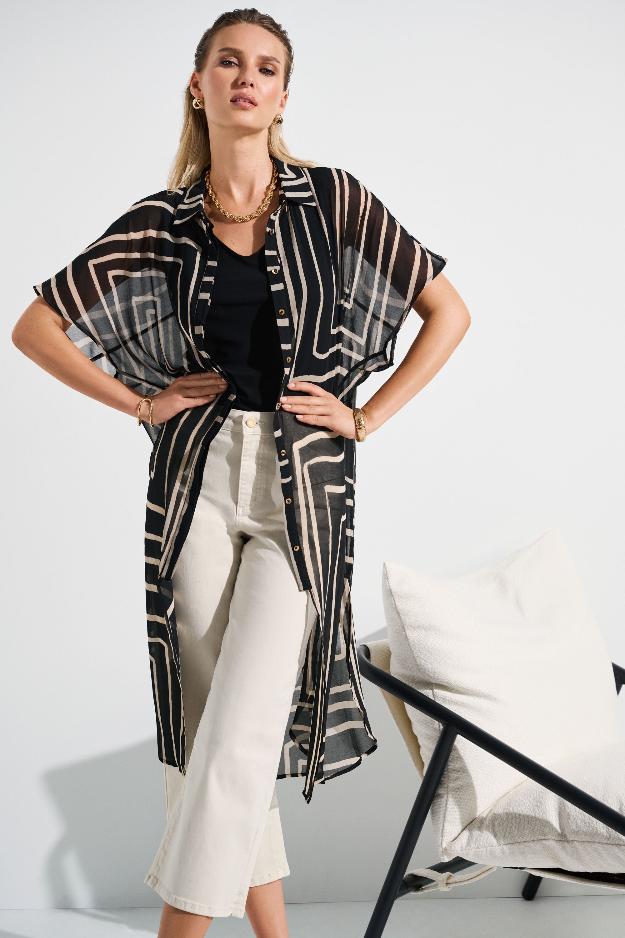 Joseph Ribkoff Chiffon Geometric Long Line Blouse 252934 - Black/ Beige
