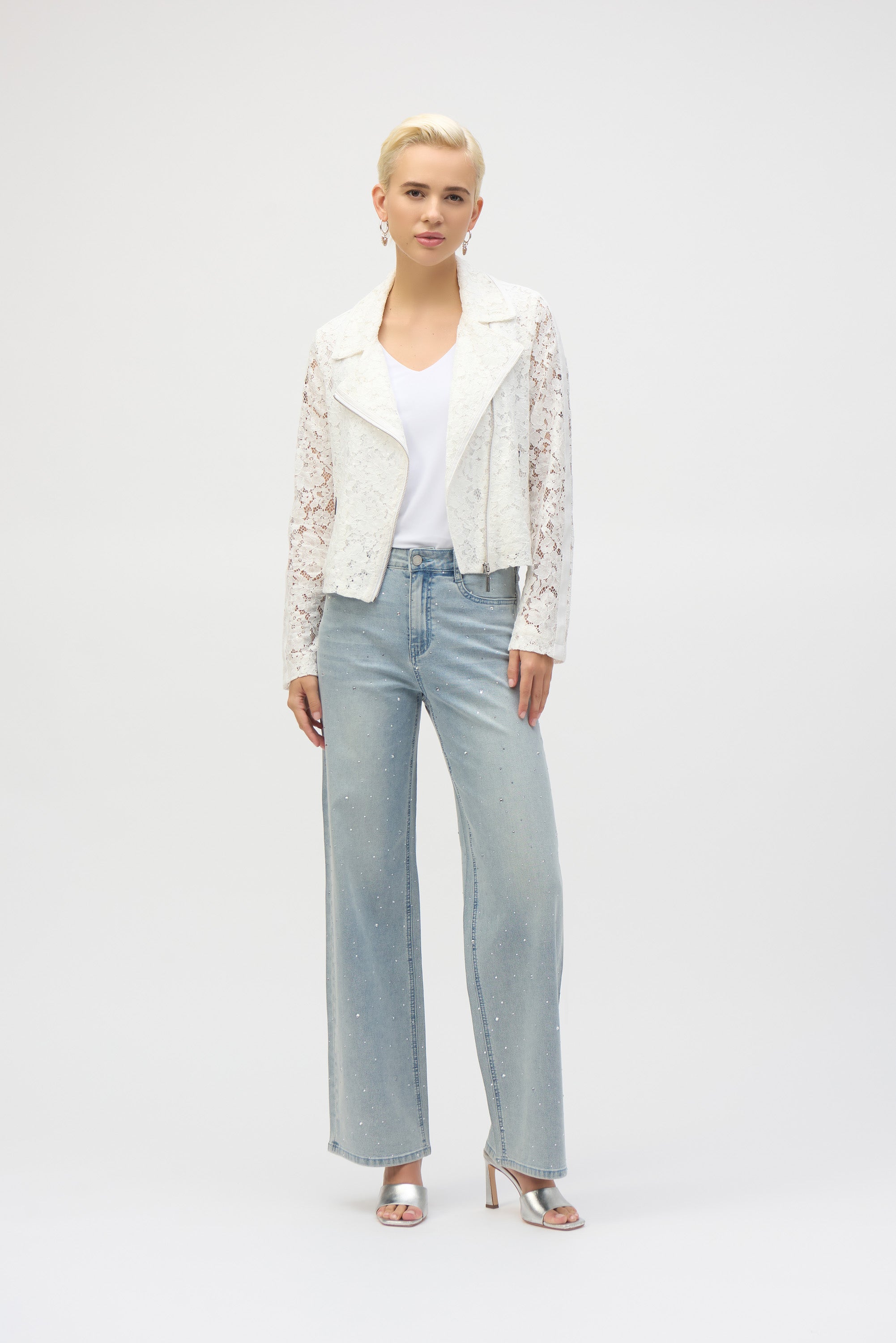 Joseph Ribkoff Classic Wide Leg Stretch Jeans Crystal Embossed 252916 - Light Blue Denim