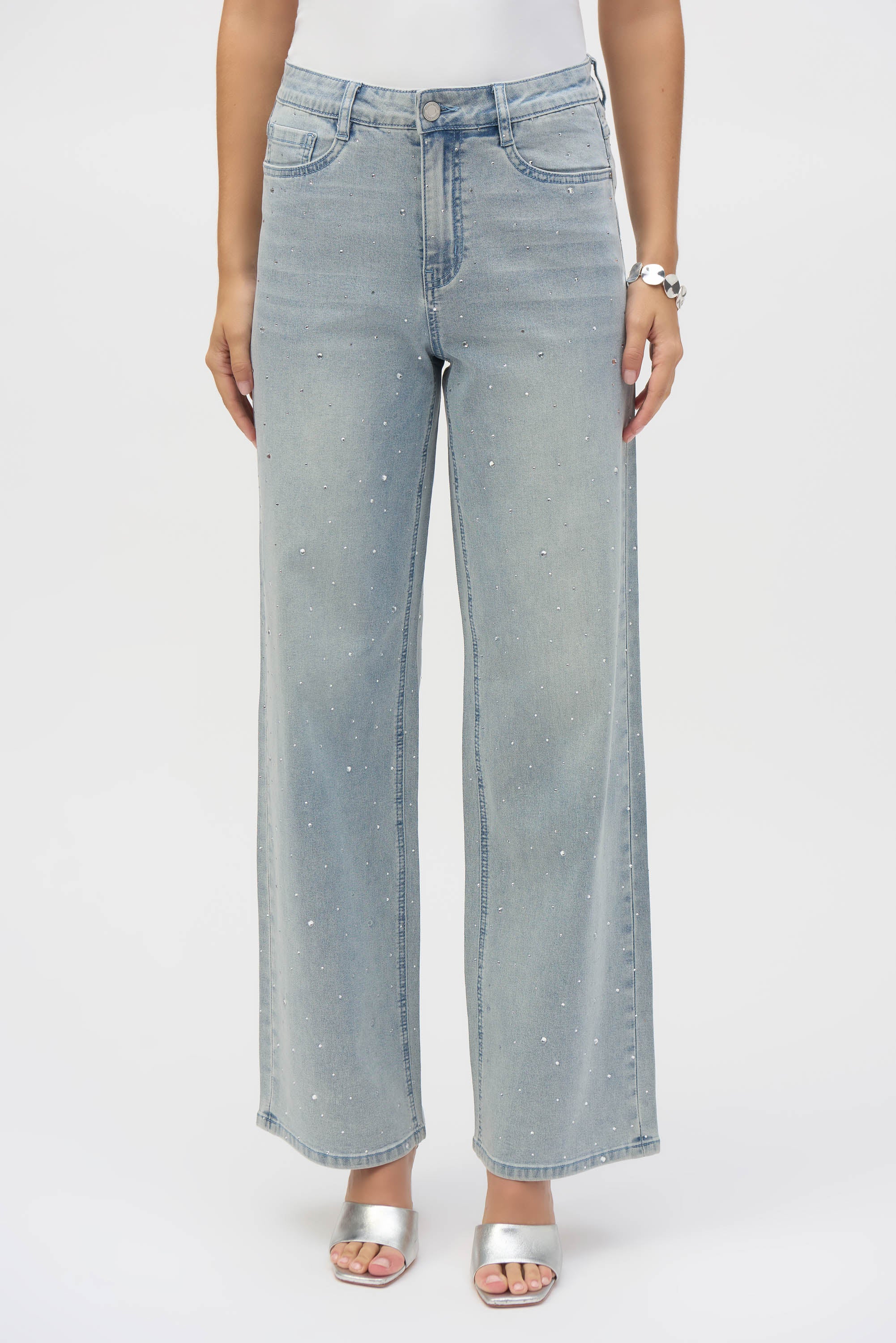 Joseph Ribkoff Classic Wide Leg Stretch Jeans Crystal Embossed 252916 - Light Blue Denim