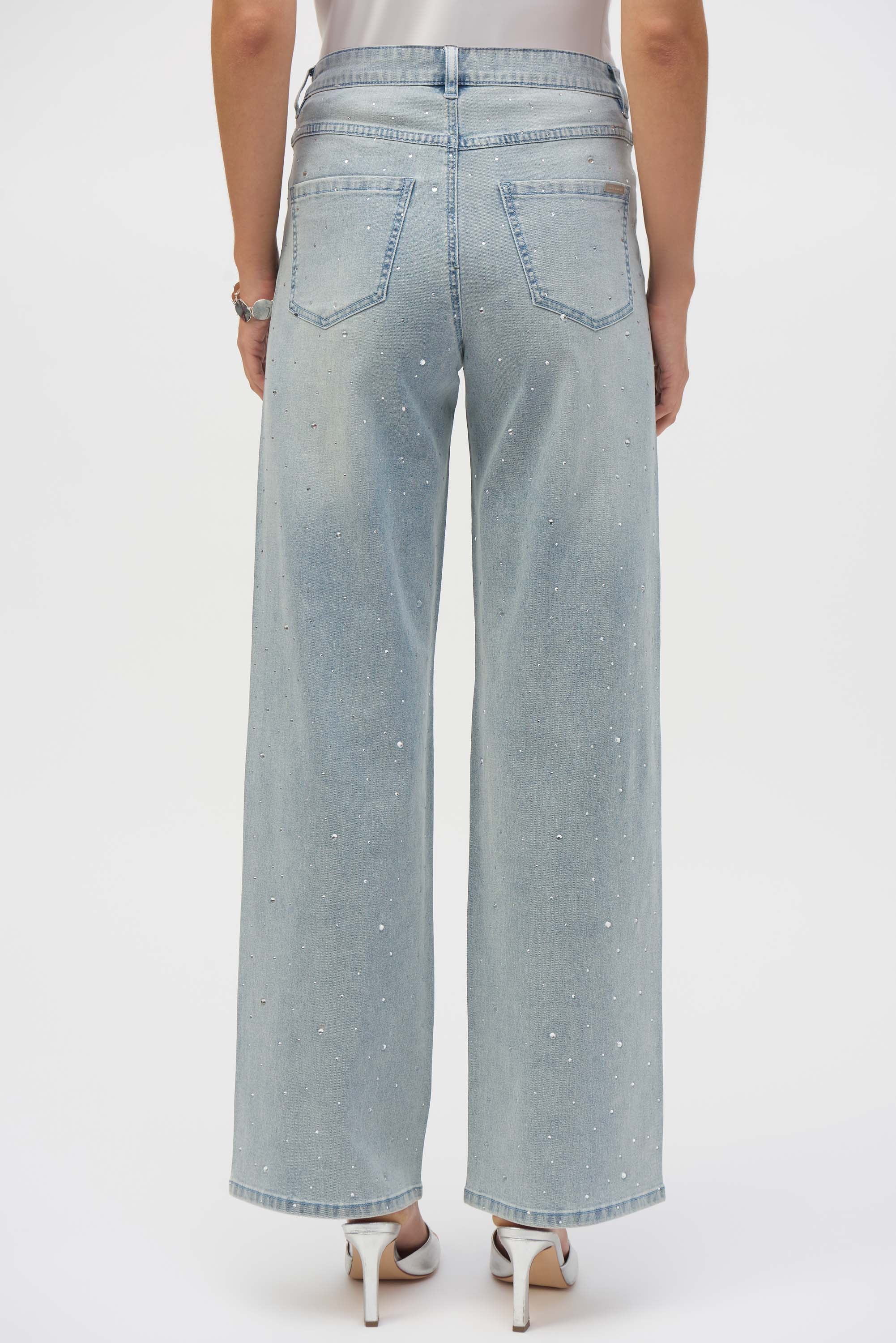 Joseph Ribkoff Classic Wide Leg Stretch Jeans Crystal Embossed 252916 - Light Blue Denim