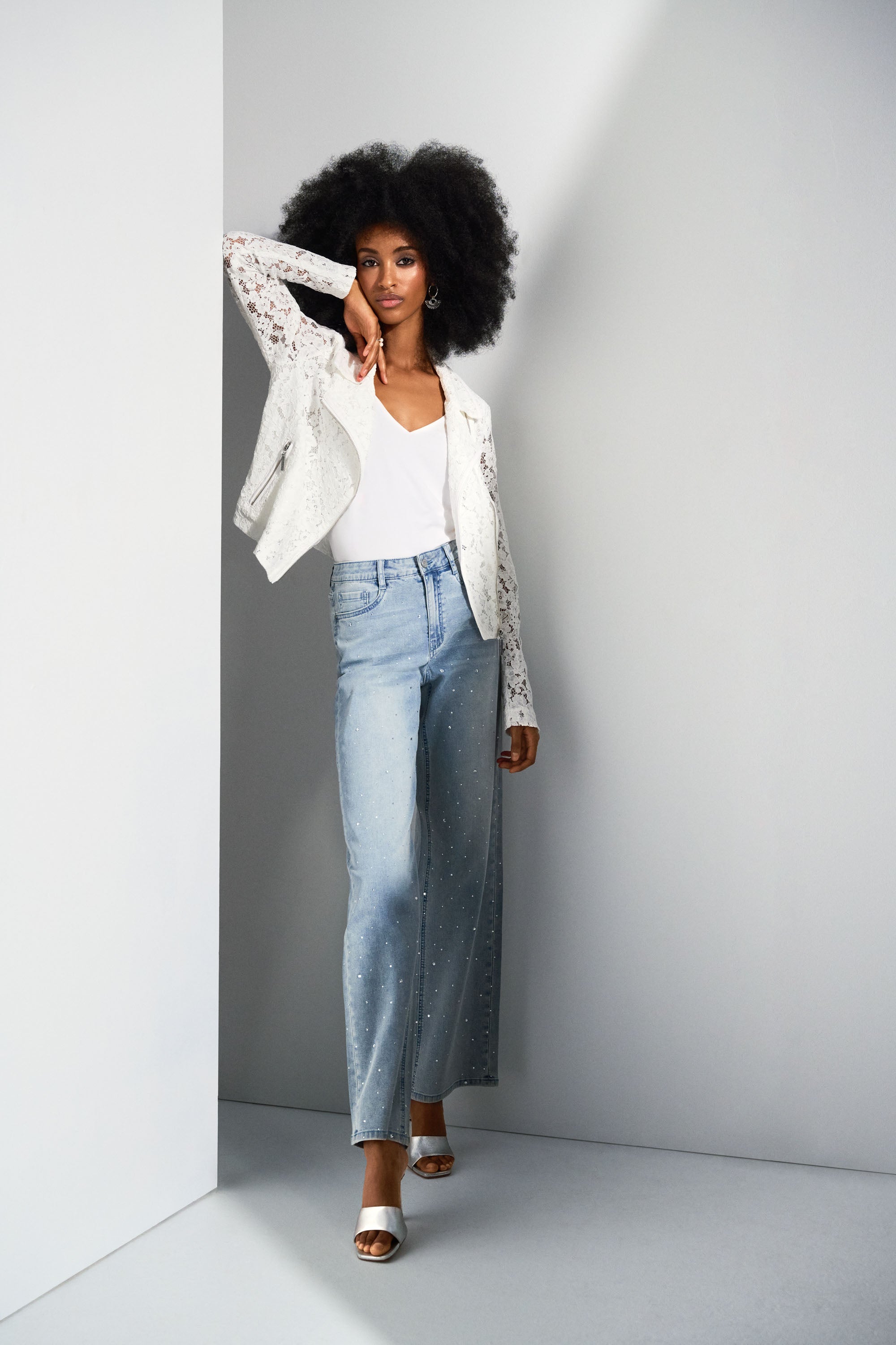 Joseph Ribkoff Classic Wide Leg Stretch Jeans Crystal Embossed 252916 - Light Blue Denim