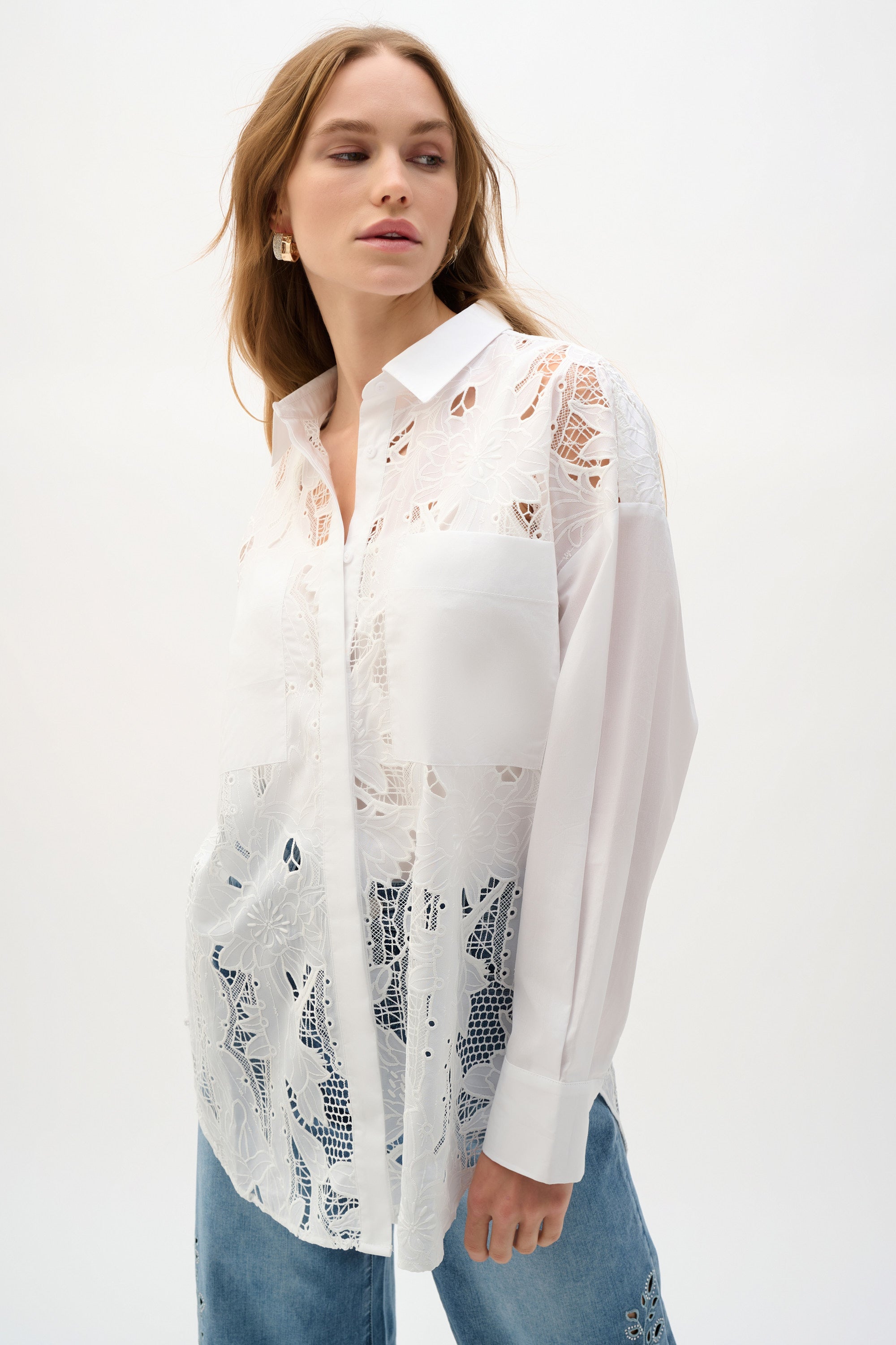 Joseph Ribkoff Lace Boxy Blouse With Embroidery 262952 - White