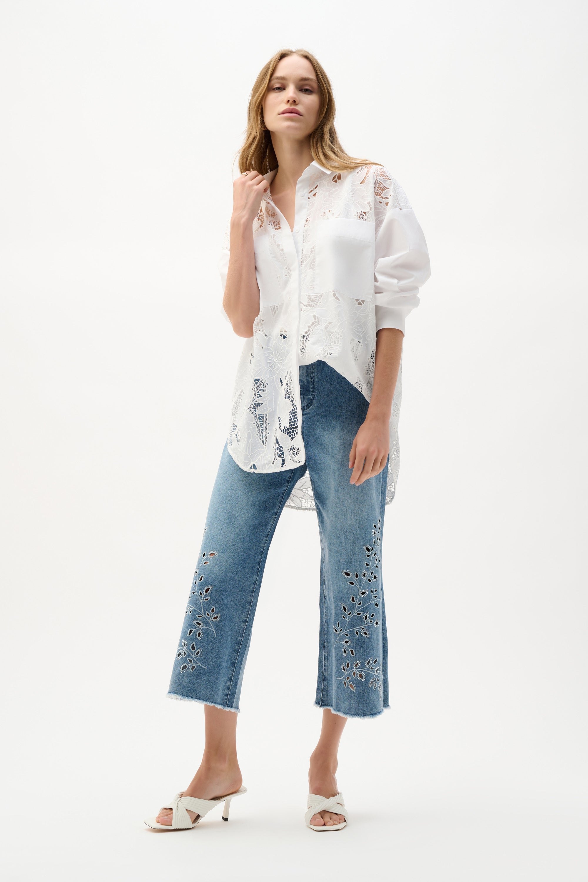Joseph Ribkoff Lace Boxy Blouse With Embroidery 262952 - White